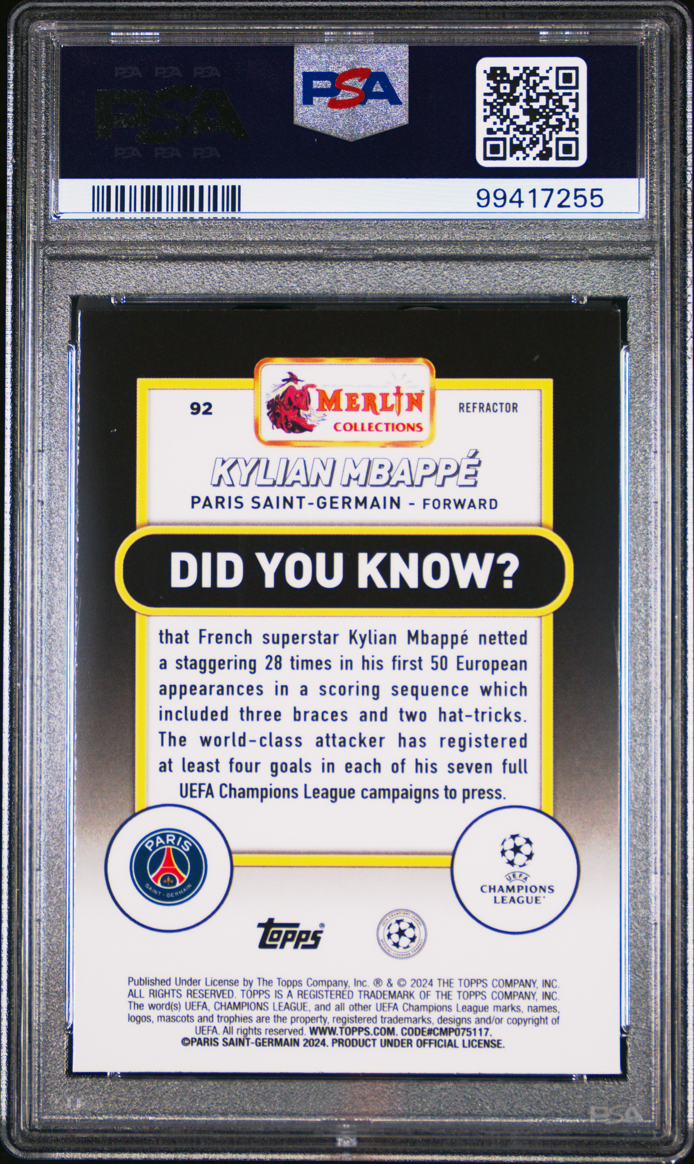 2023-24 Topps Merlin Uefa Club Competitions Kylian Mbappe #92 (Refractor) Mint 9 back