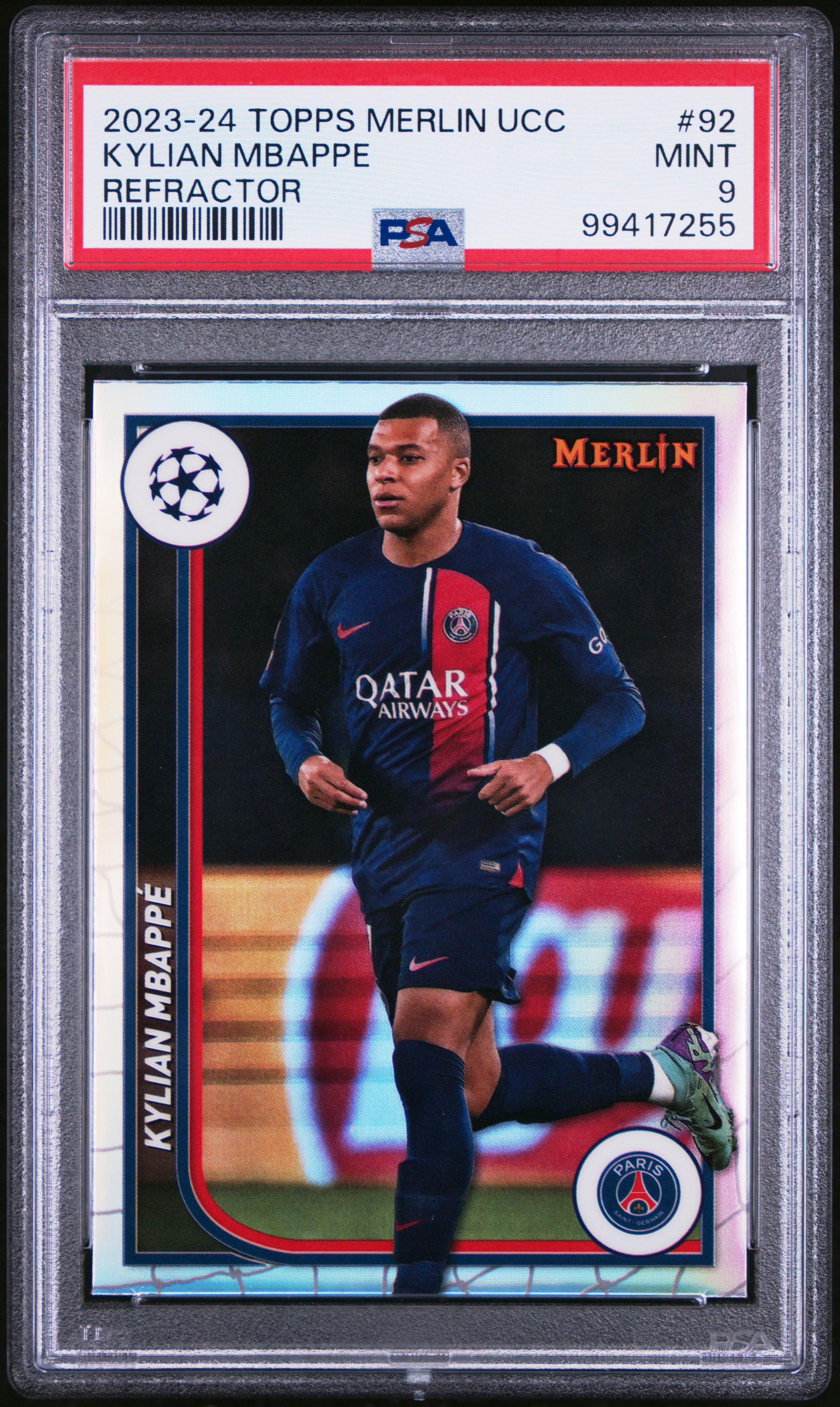 2023-24 Topps Merlin Uefa Club Competitions Kylian Mbappe #92 (Refractor) Mint 9 front