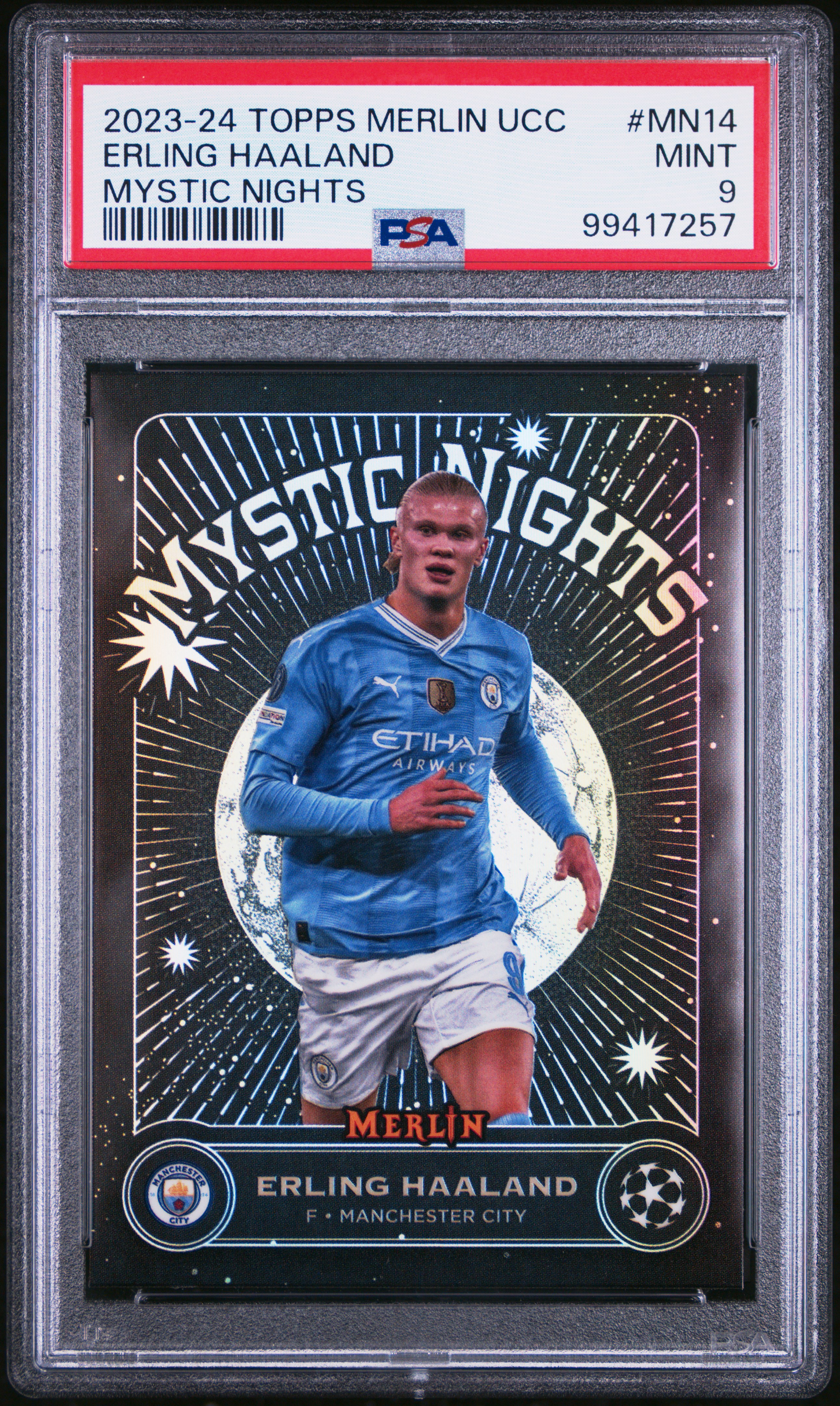 2023-24 Topps Merlin Uefa Club Competitions Mystic Nights Erling Haaland #Mn14 Mint 9 front