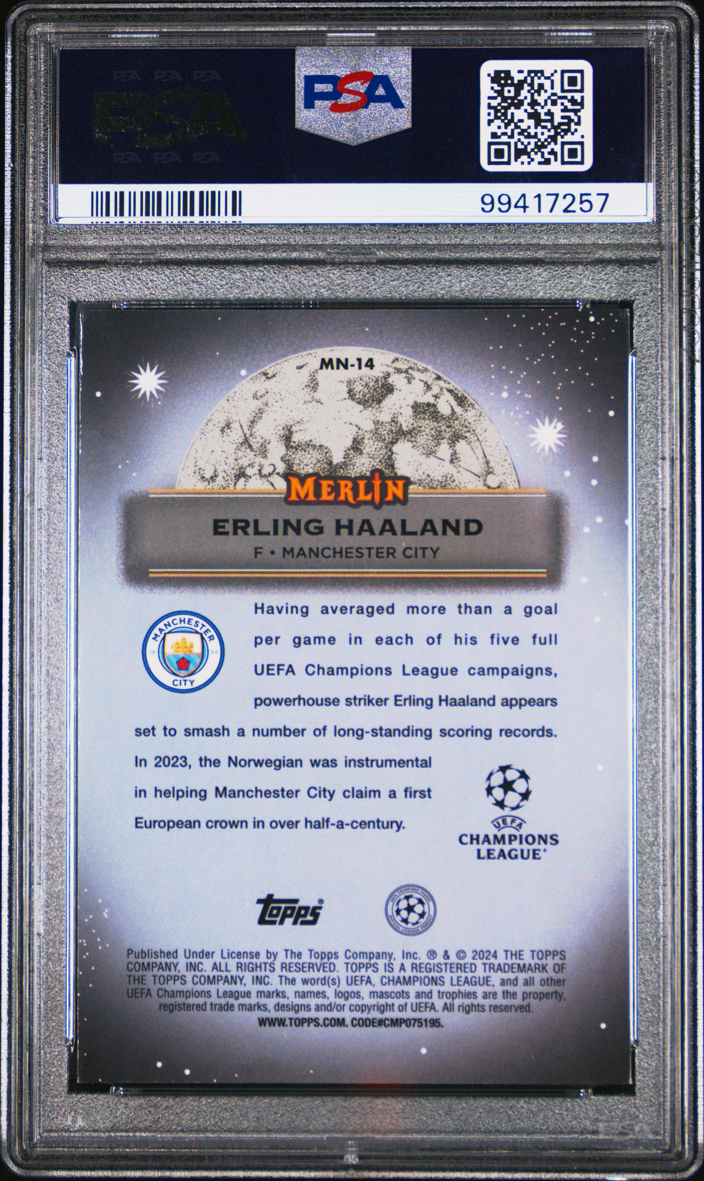 2023-24 Topps Merlin Uefa Club Competitions Mystic Nights Erling Haaland #Mn14 Mint 9 back