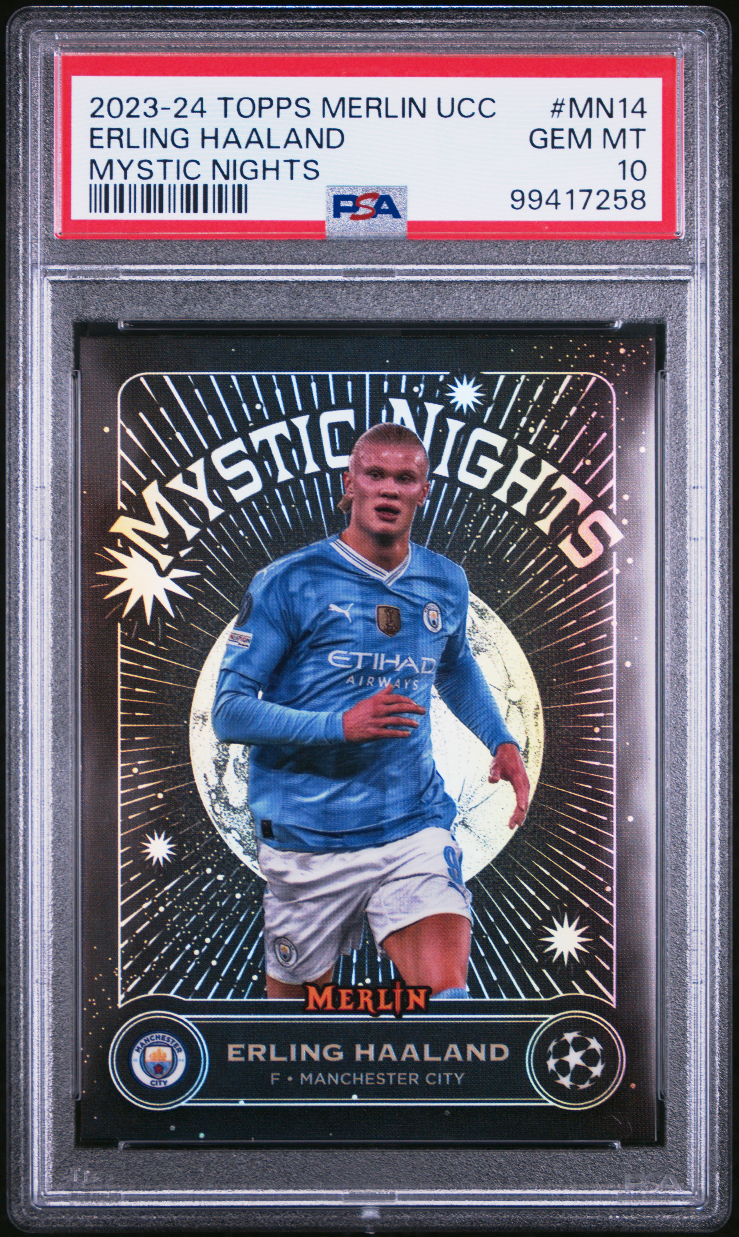2023-24 Topps Merlin Uefa Club Competitions Mystic Nights Erling Haaland #Mn14 Gem Mt 10 front