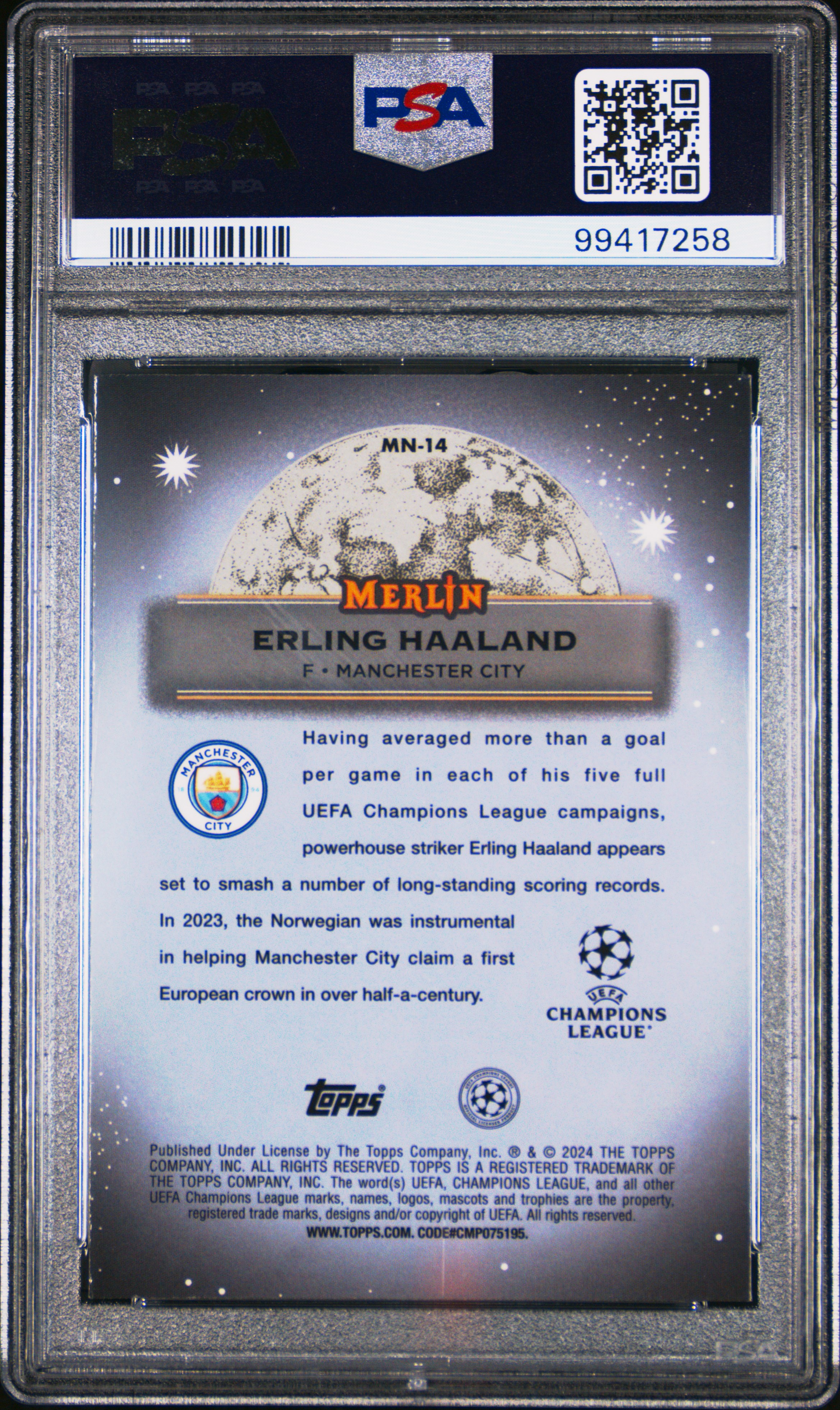 2023-24 Topps Merlin Uefa Club Competitions Mystic Nights Erling Haaland #Mn14 Gem Mt 10 back