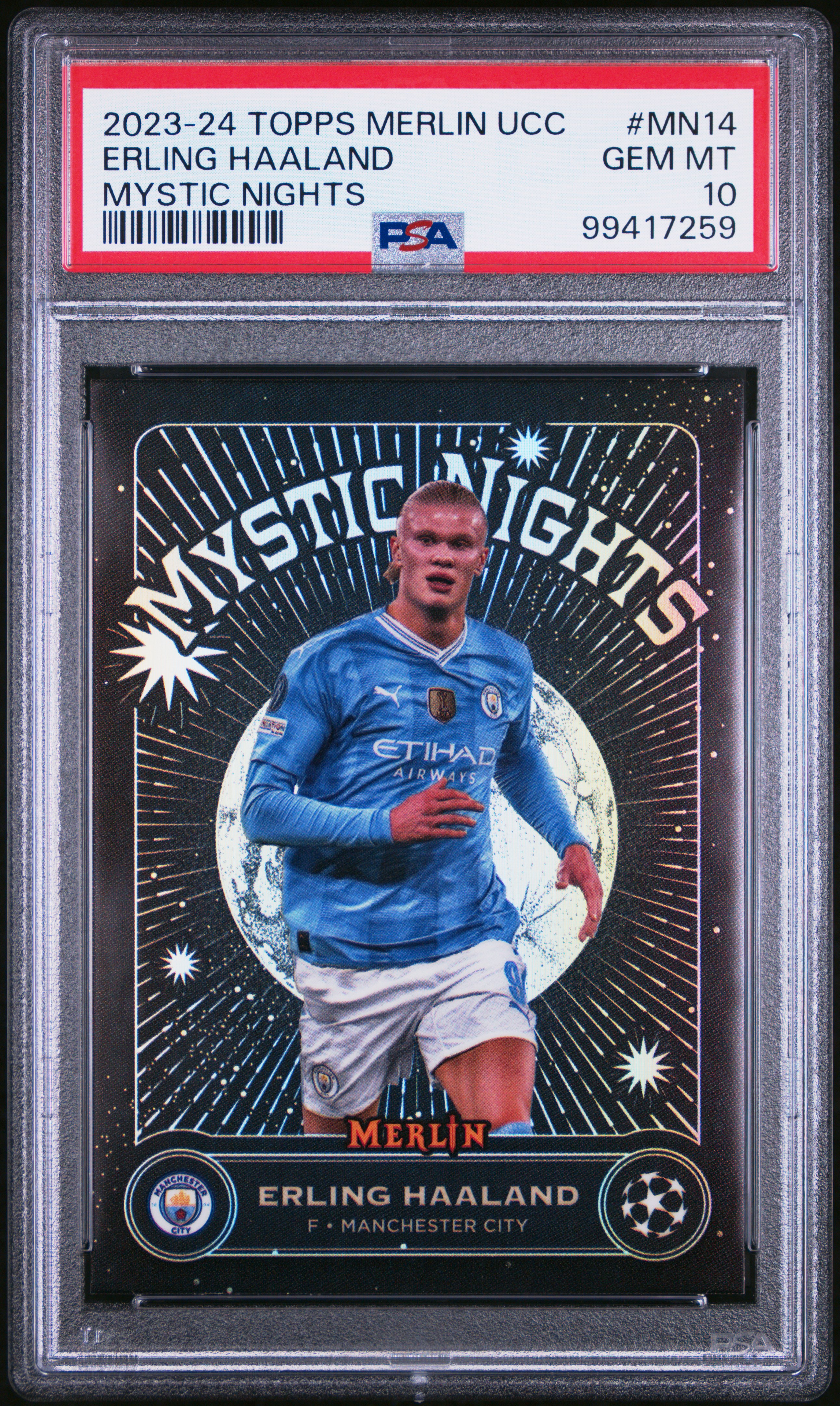 2023-24 Topps Merlin Uefa Club Competitions Mystic Nights Erling Haaland #Mn14 Gem Mt 10 front