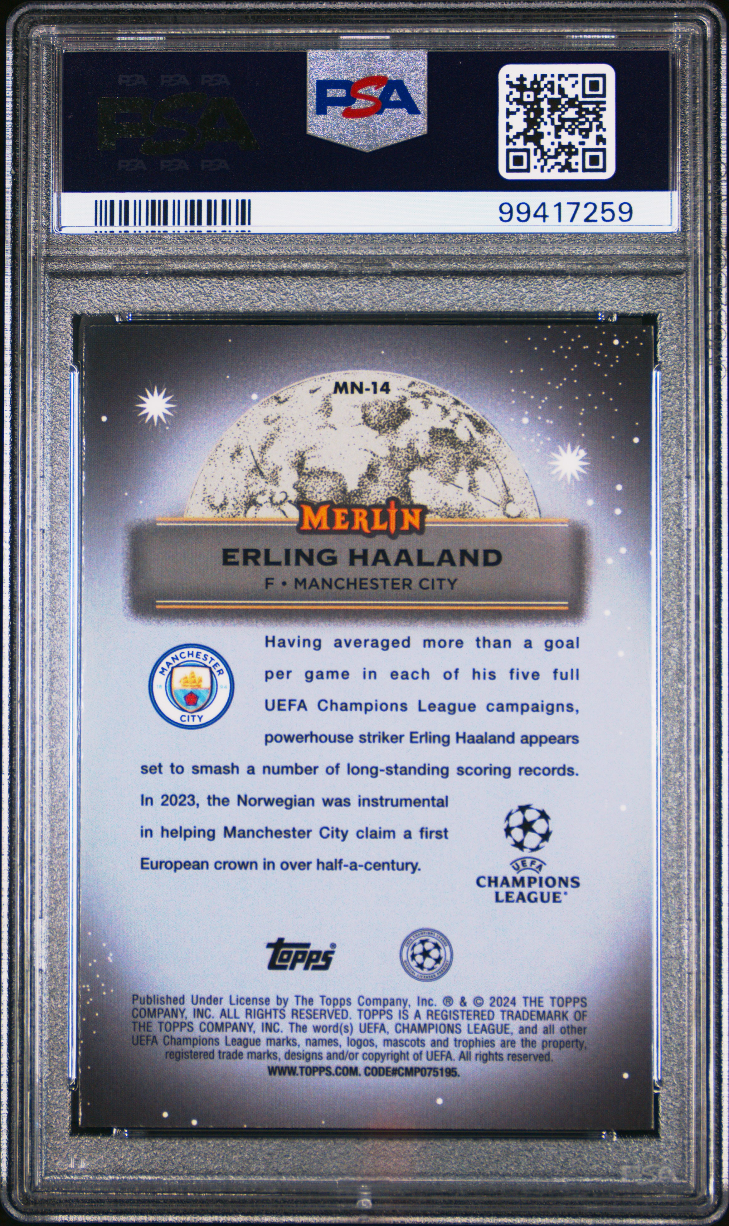 2023-24 Topps Merlin Uefa Club Competitions Mystic Nights Erling Haaland #Mn14 Gem Mt 10 back