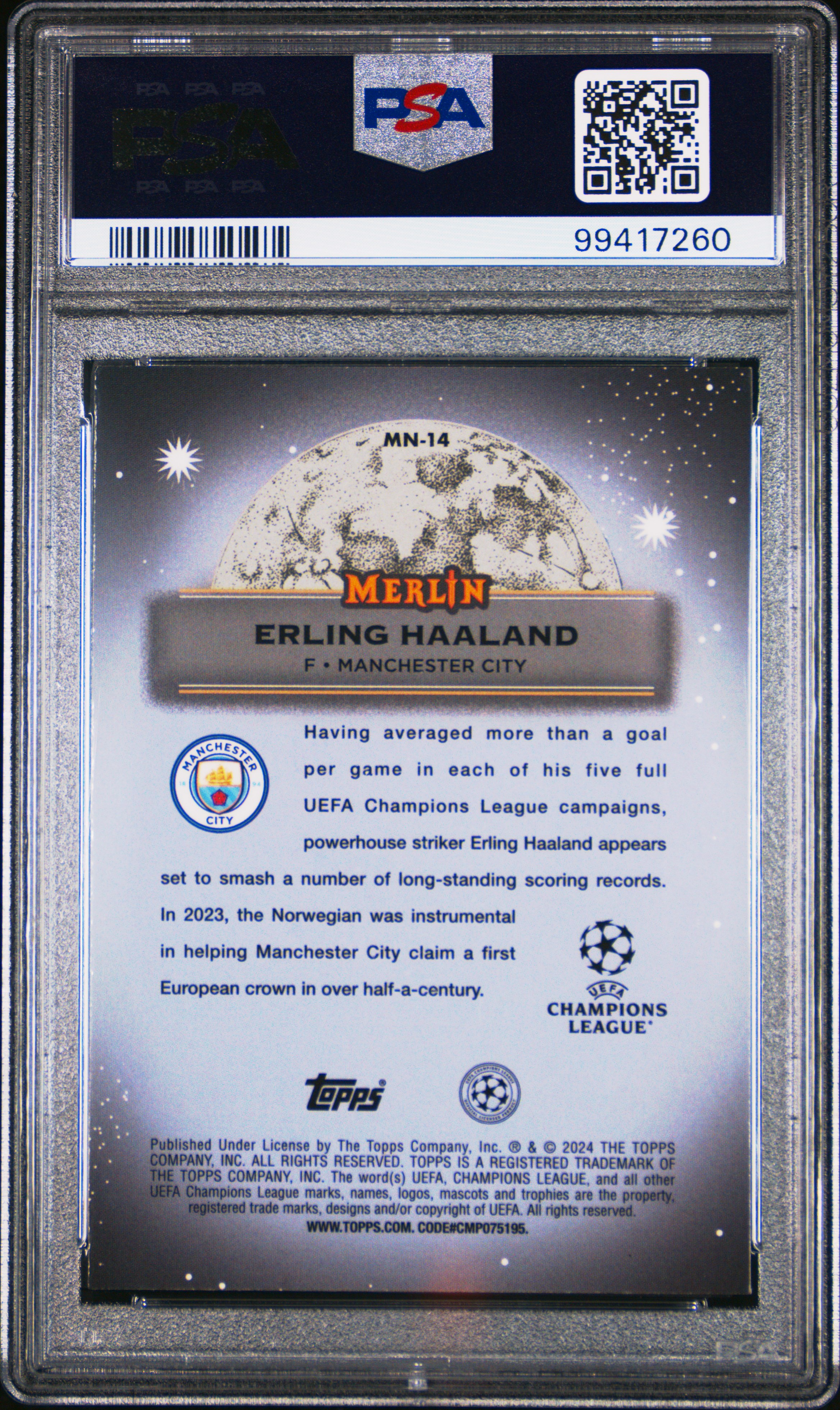 2023-24 Topps Merlin Uefa Club Competitions Mystic Nights Erling Haaland #Mn14 Nm-Mt 8 back