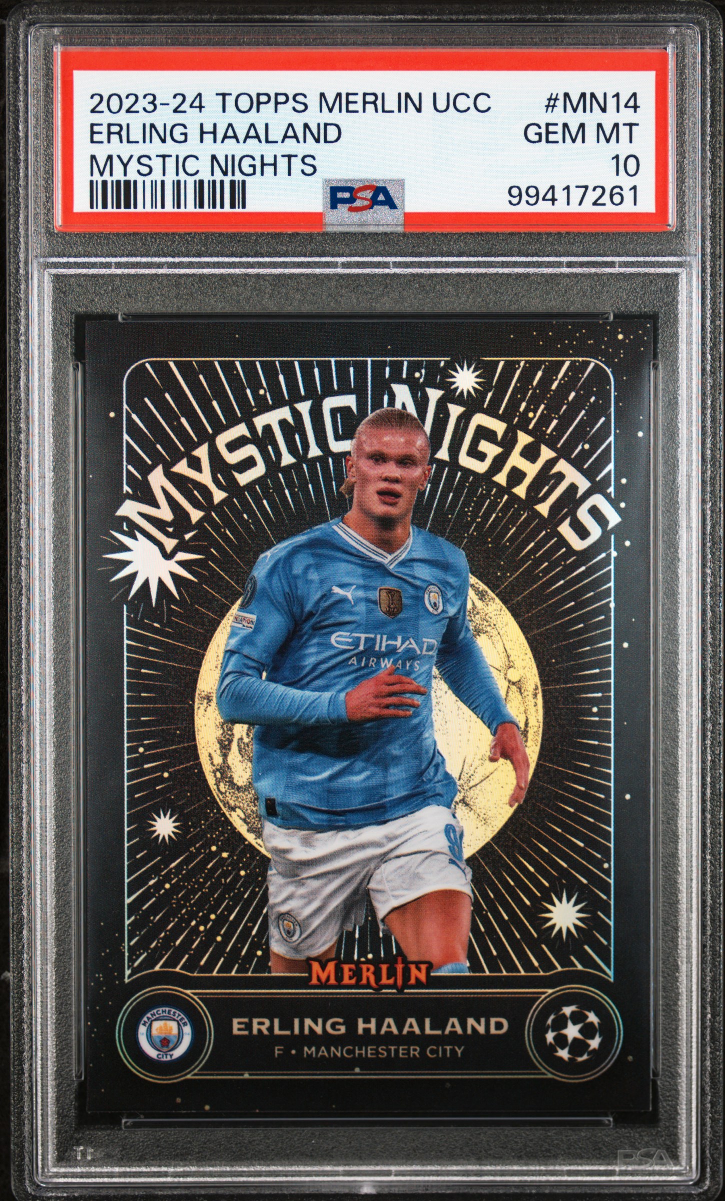 2023-24 Topps Merlin Uefa Club Competitions Mystic Nights Erling Haaland #Mn14 Gem Mt 10 front