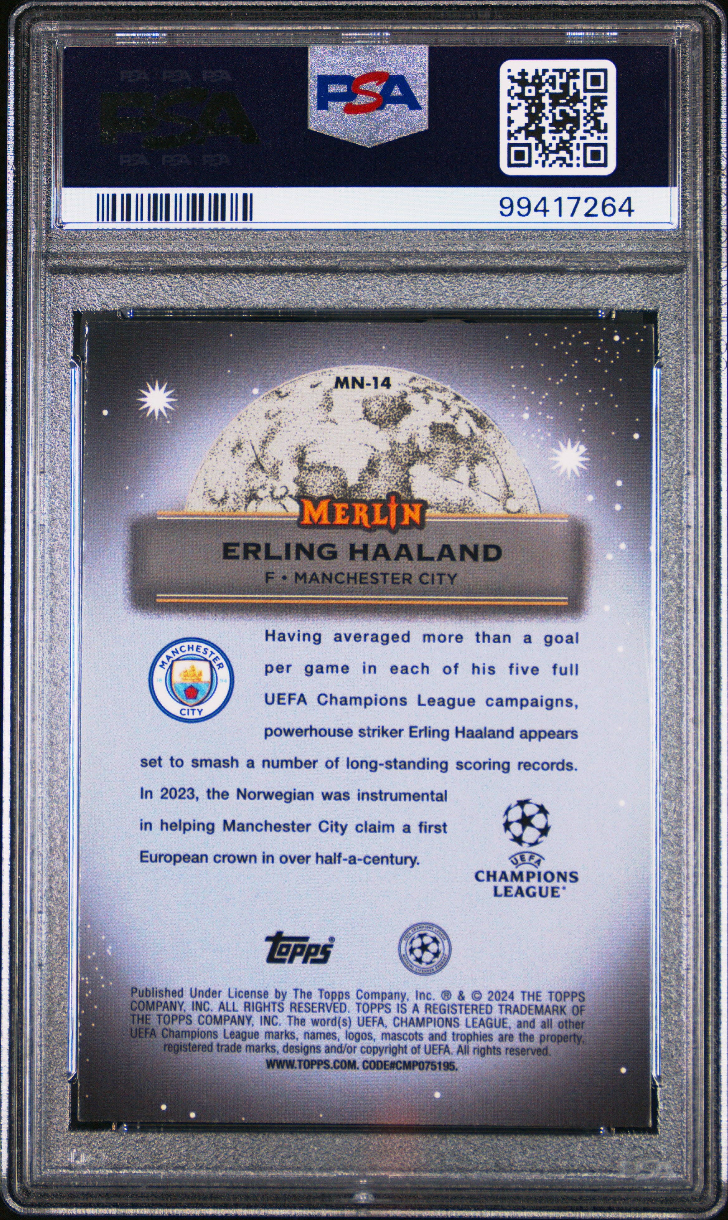 2023-24 Topps Merlin Uefa Club Competitions Mystic Nights Erling Haaland #Mn14 Mint 9 back