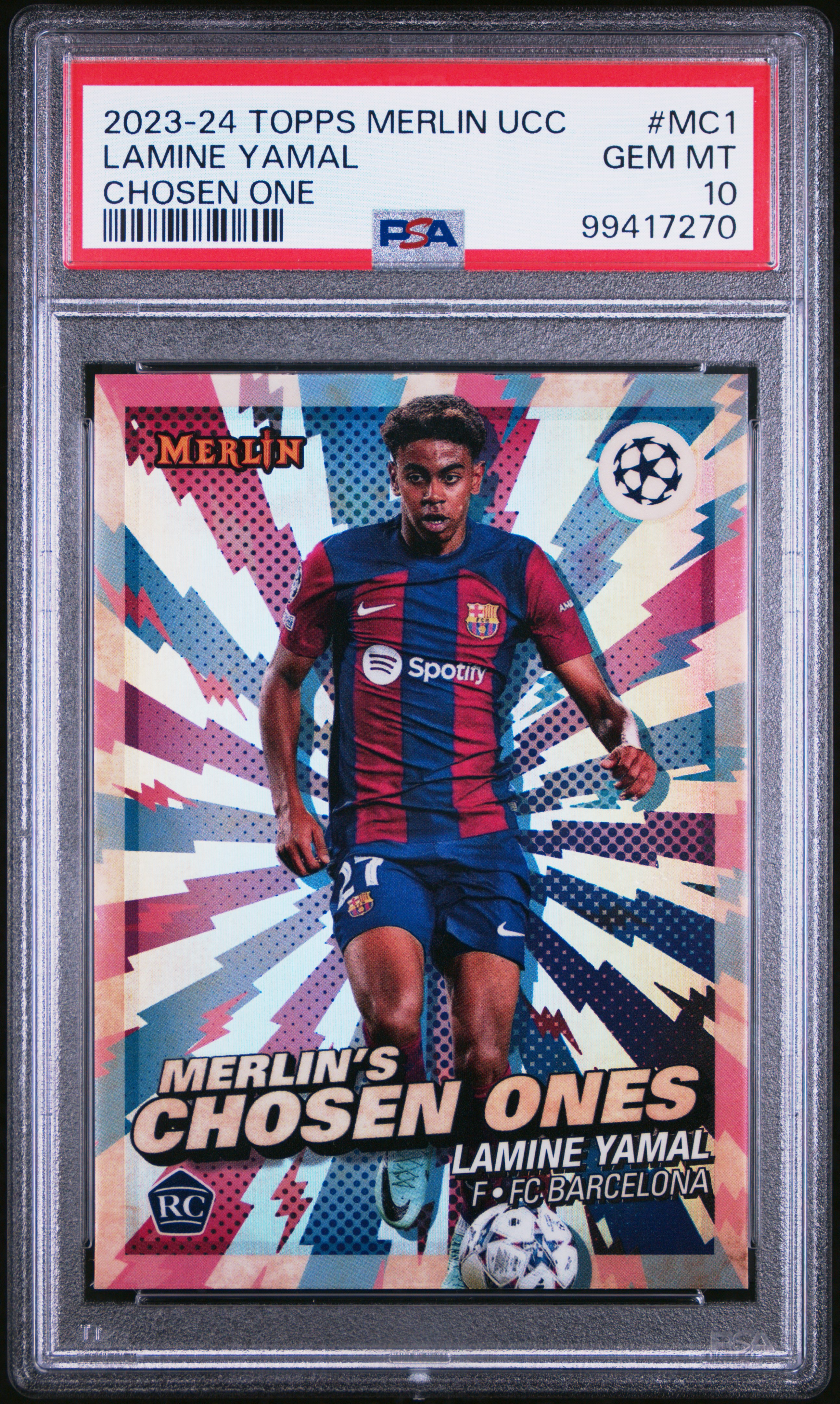 2023-24 Topps Merlin Uefa Club Competitions Merlin's Chosen Ones Lamine Yamal #Mc1 Gem Mt 10 front