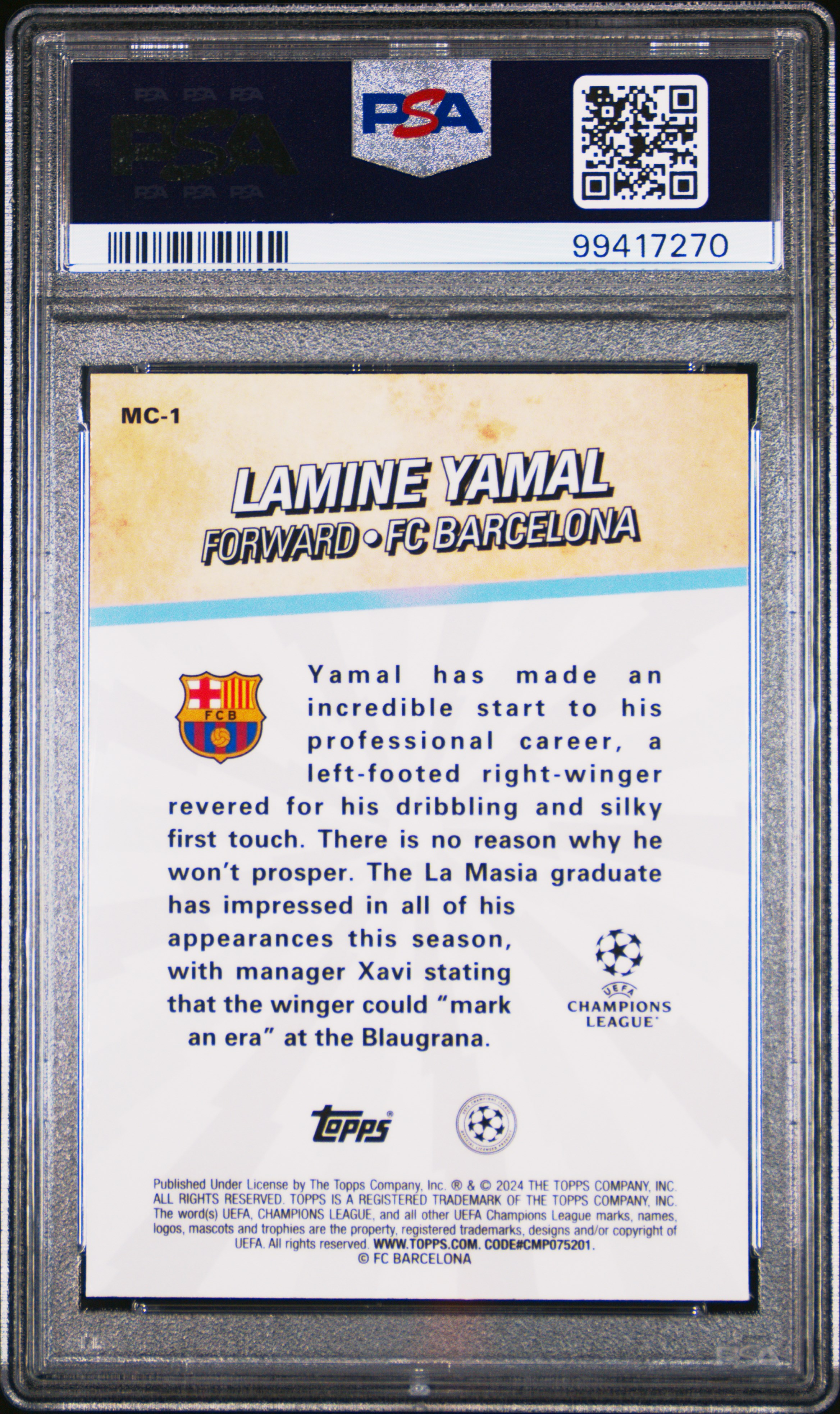 2023-24 Topps Merlin Uefa Club Competitions Merlin's Chosen Ones Lamine Yamal #Mc1 Gem Mt 10 back