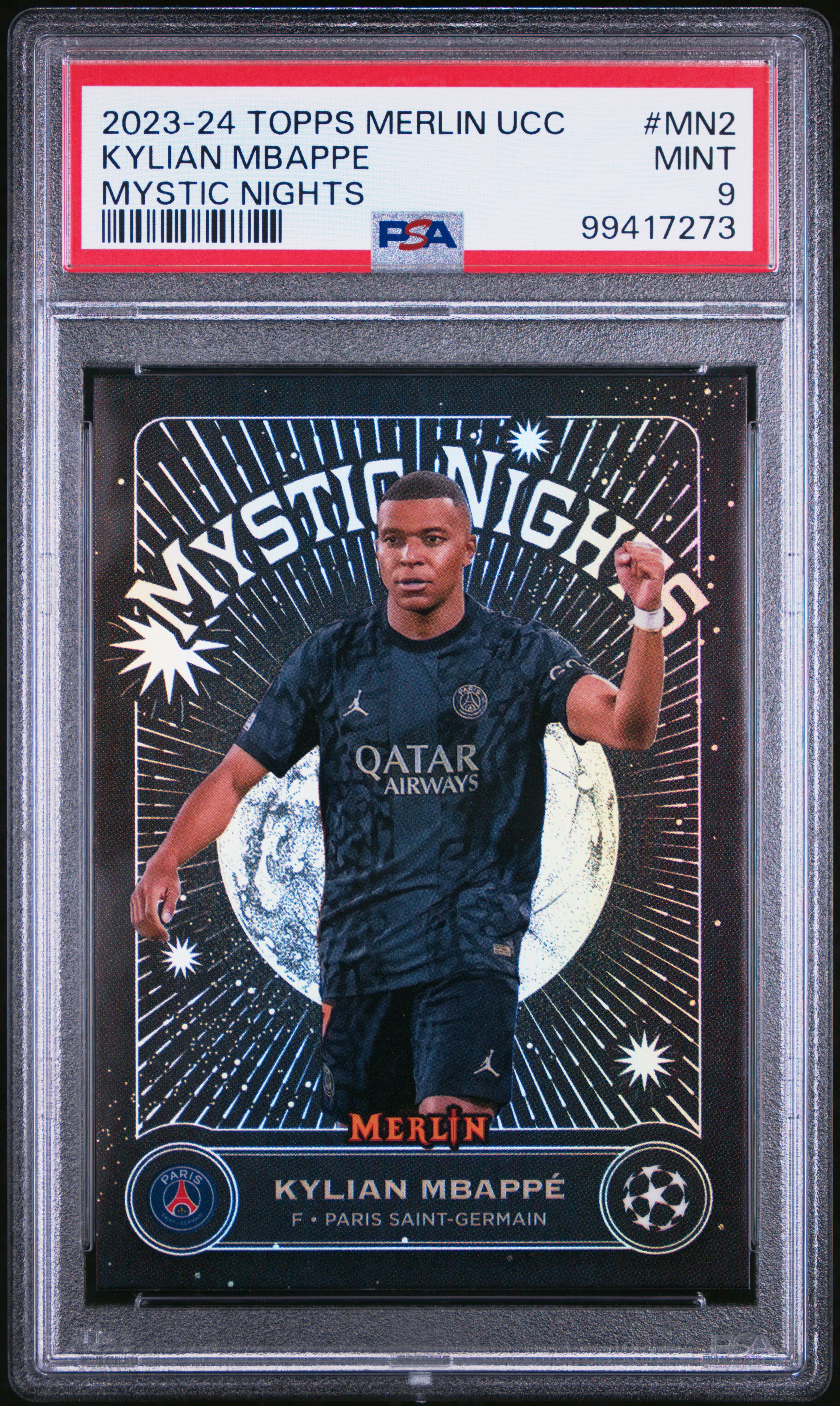 2023-24 Topps Merlin Uefa Club Competitions Mystic Nights Kylian Mbappe #Mn2 Mint 9 front