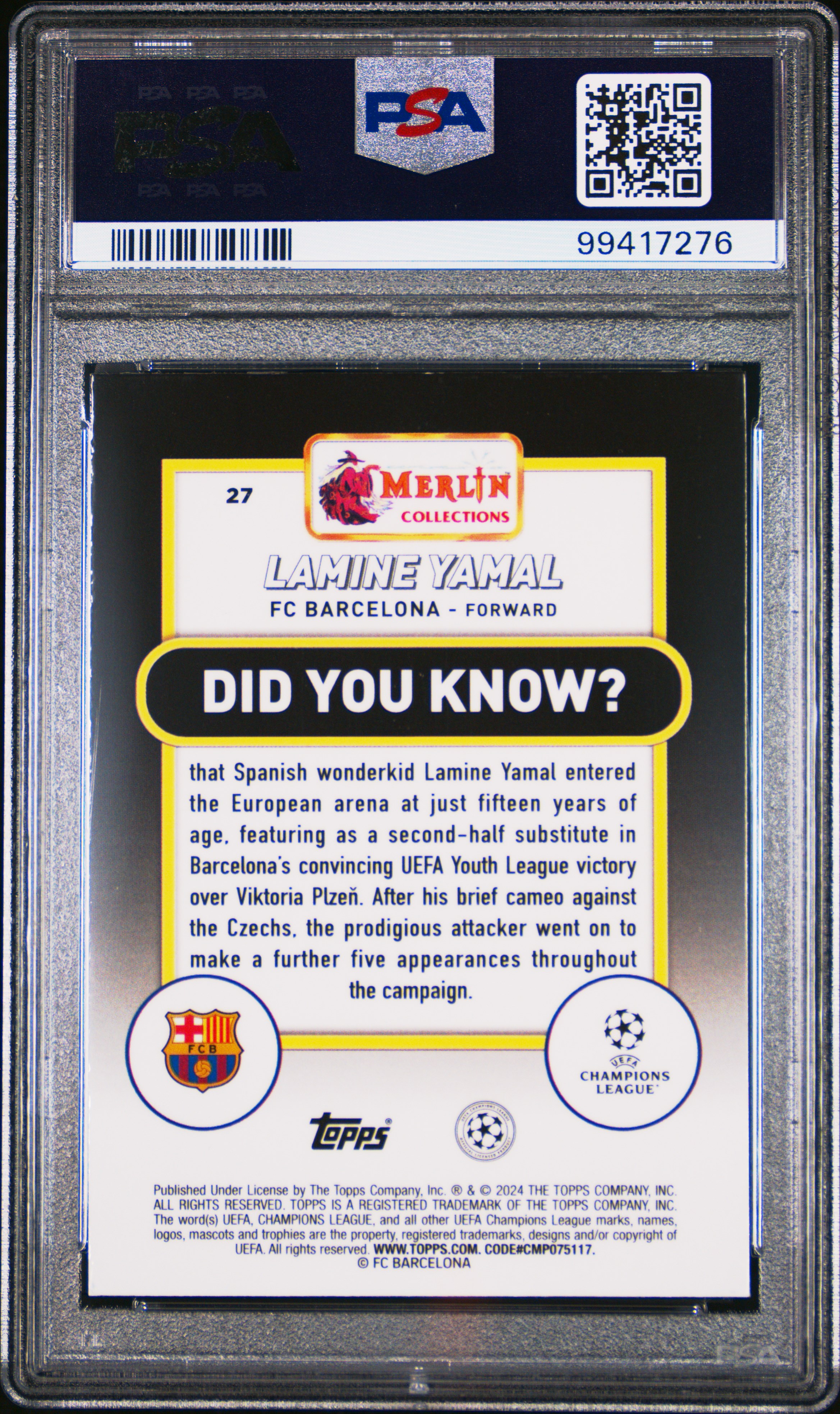 2023-24 Topps Merlin Uefa Club Competitions Lamine Yamal #27 Mint 9 back