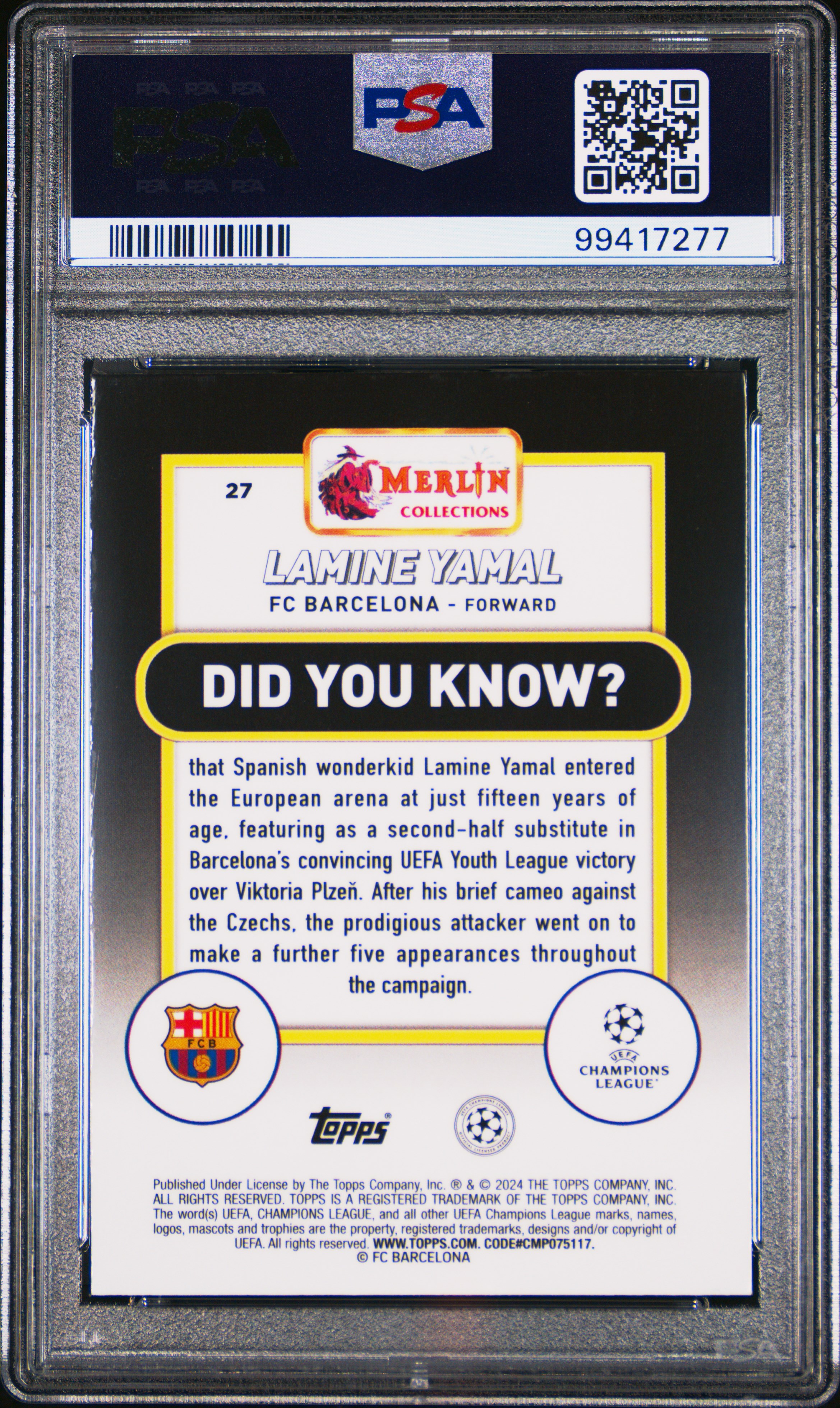 2023-24 Topps Merlin Uefa Club Competitions Lamine Yamal #27 Mint 9 back