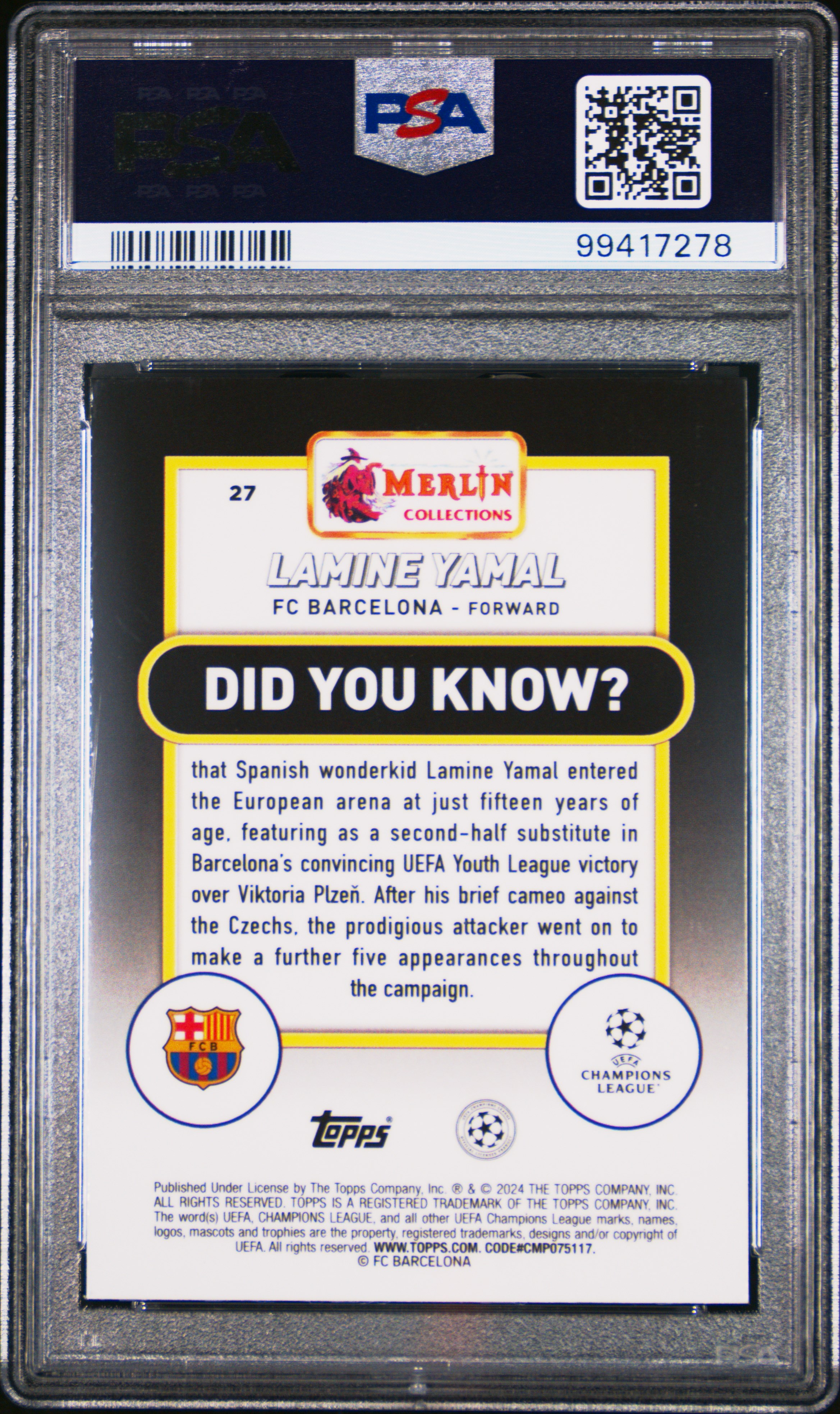 2023-24 Topps Merlin Uefa Club Competitions Lamine Yamal #27 Mint 9 back