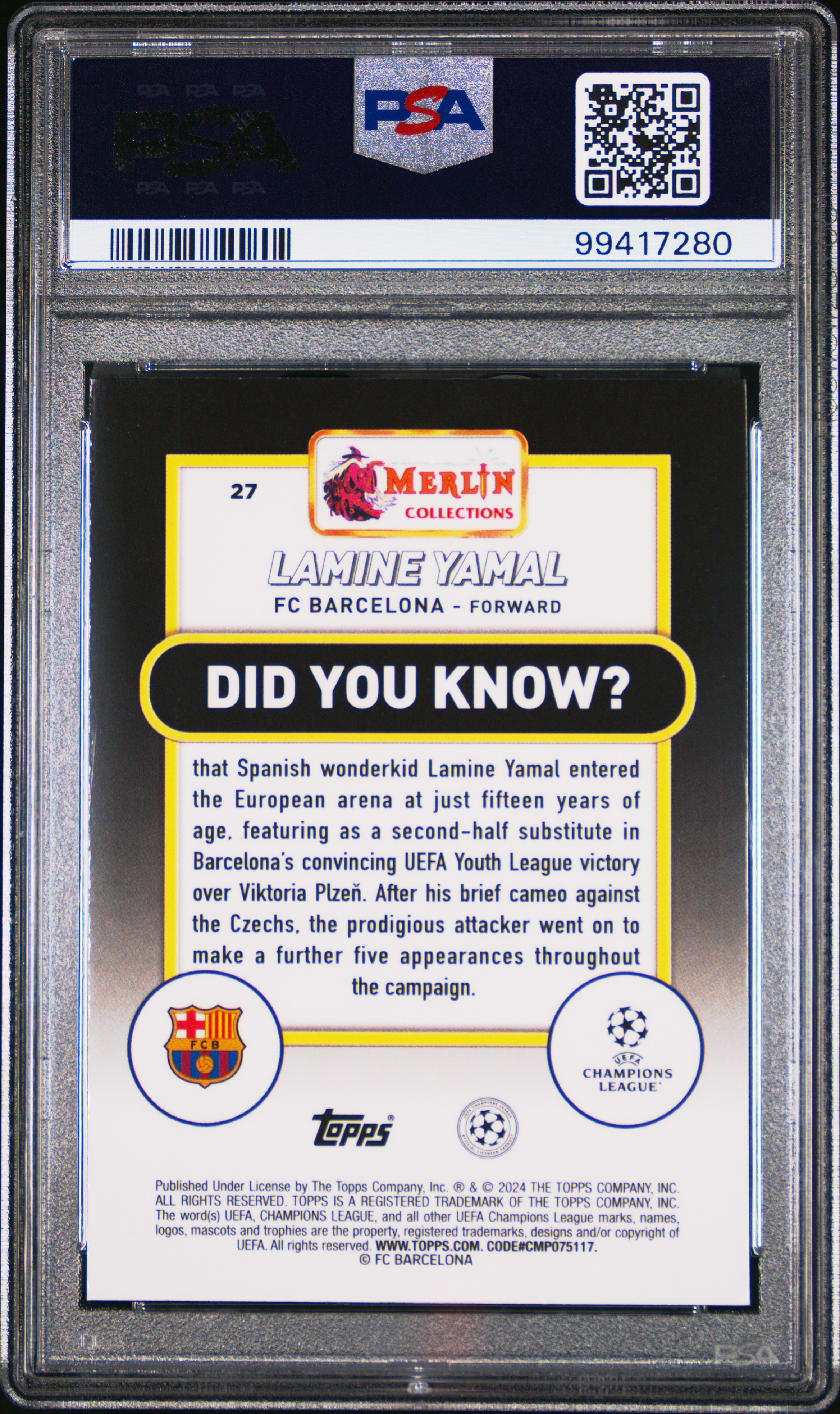 2023-24 Topps Merlin Uefa Club Competitions Lamine Yamal #27 Gem Mt 10 back