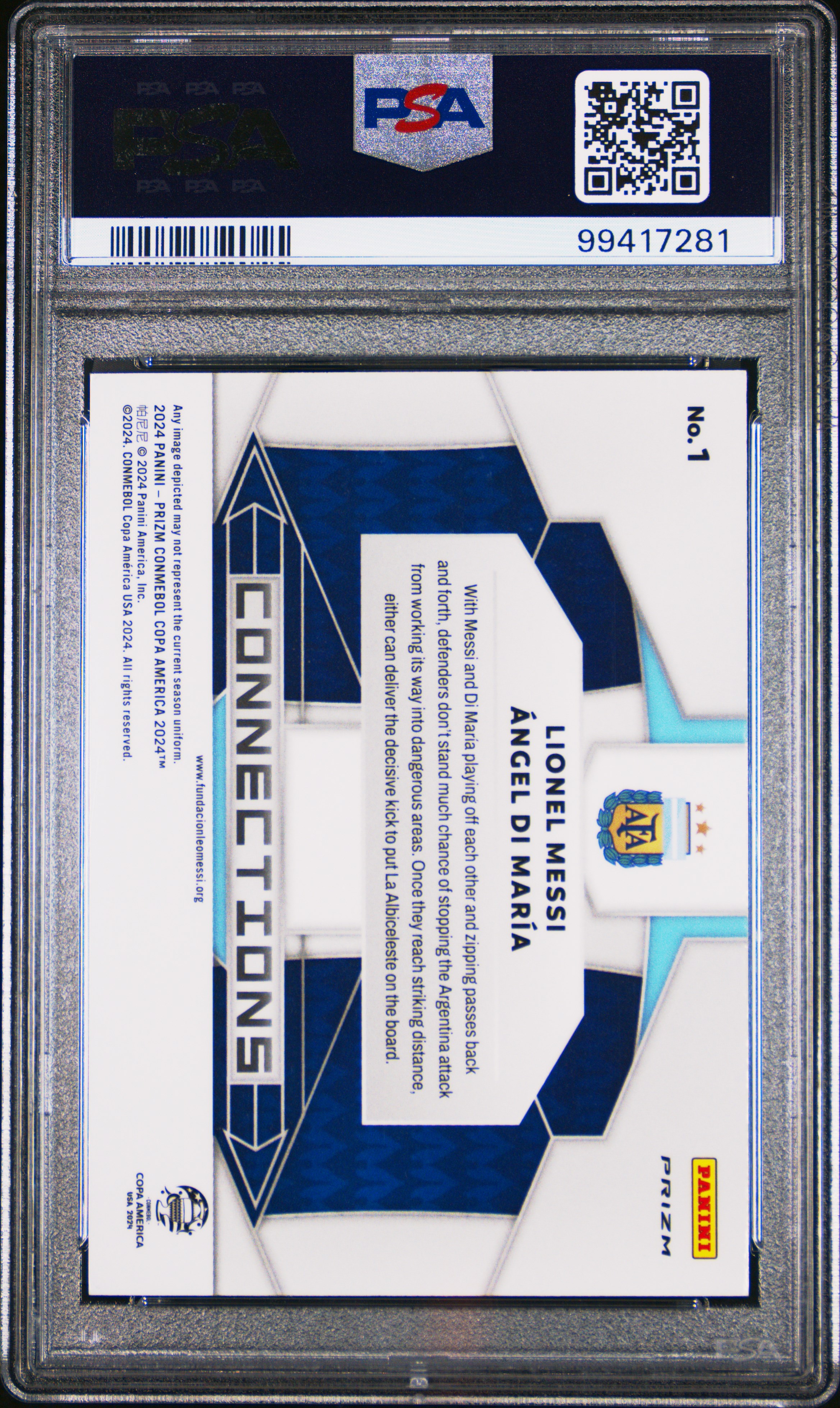 2024 Panini Prizm Conmebol Copa America Connections Messi/Di Maria #1 (Connections-Silver Prizm) Nm-Mt 8 back