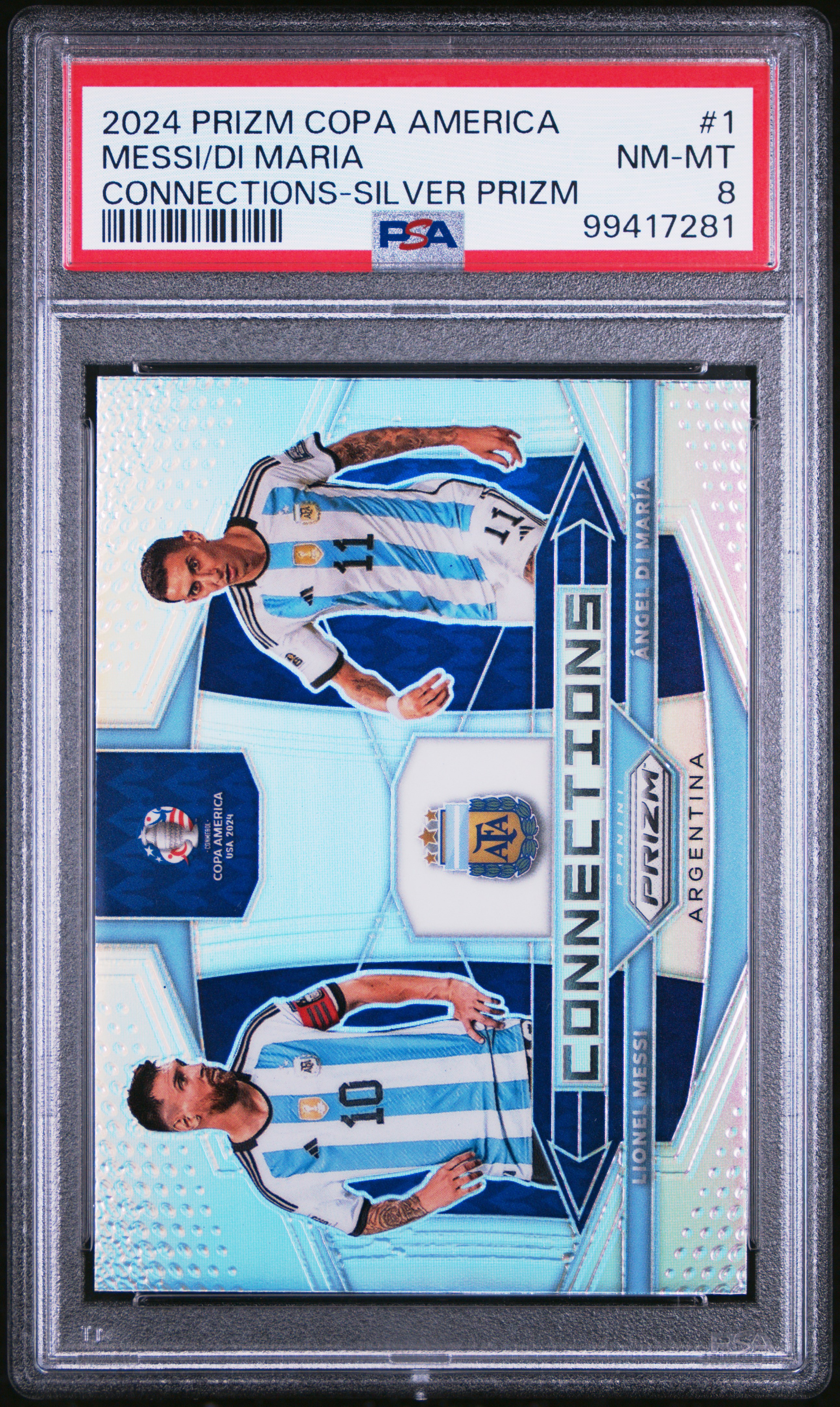 2024 Panini Prizm Conmebol Copa America Connections Messi/Di Maria #1 (Connections-Silver Prizm) Nm-Mt 8 front