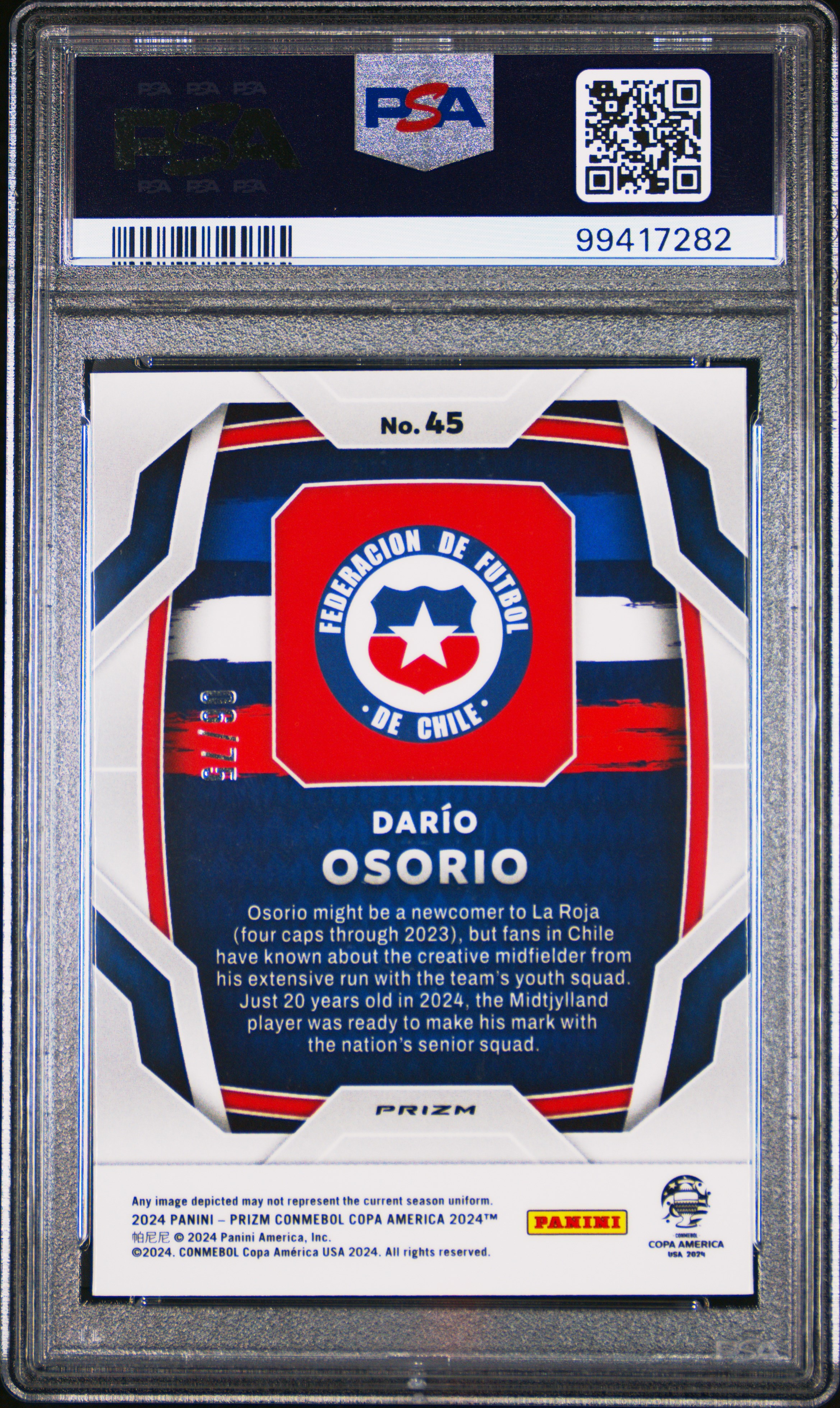 2024 Panini Prizm Conmebol Copa America Dario Osorio #45 (Blue Pulsar) Gem Mt 10 back