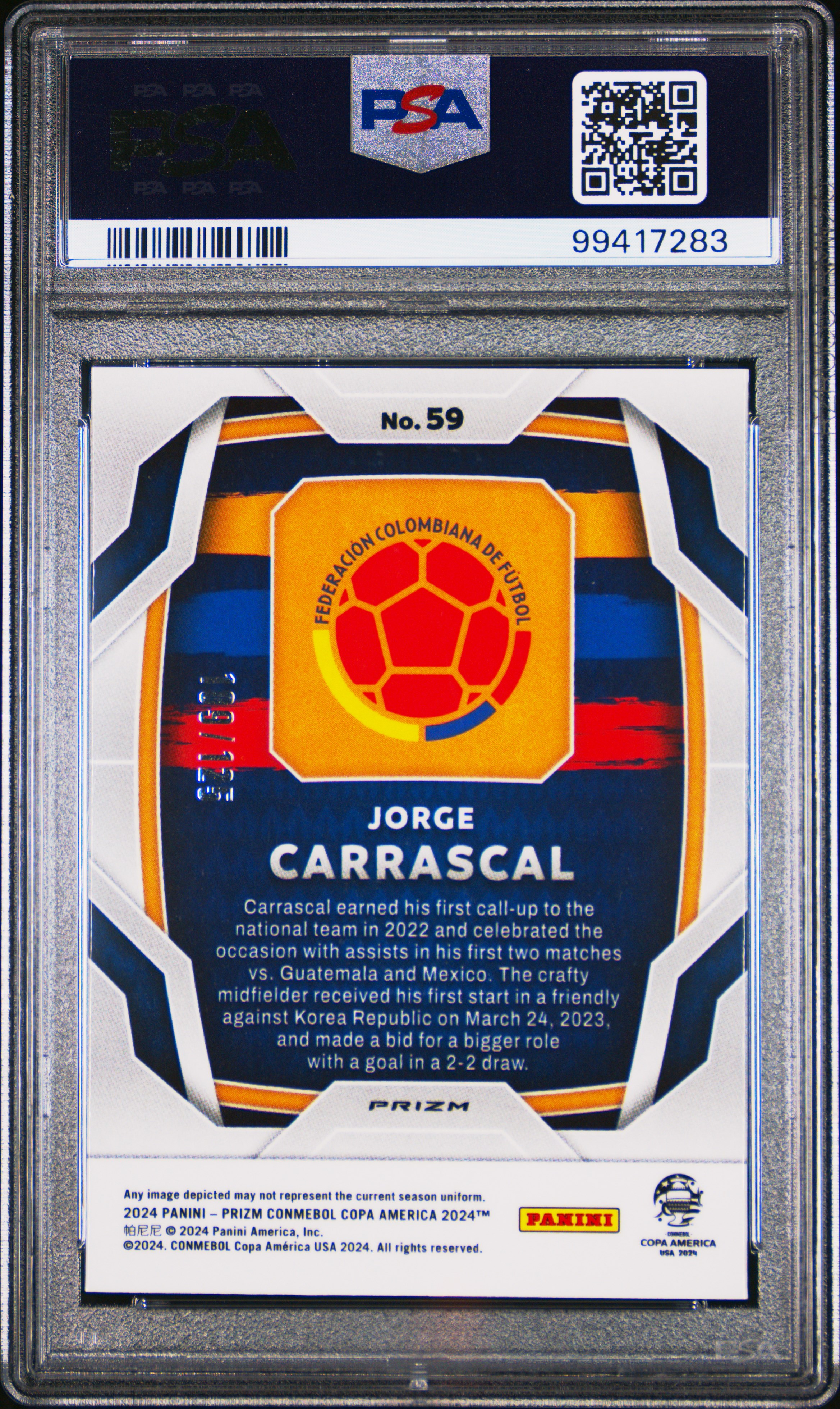 2024 Panini Prizm Conmebol Copa America Jorge Carrascal #59 (Red Pulsar) Gem Mt 10 back