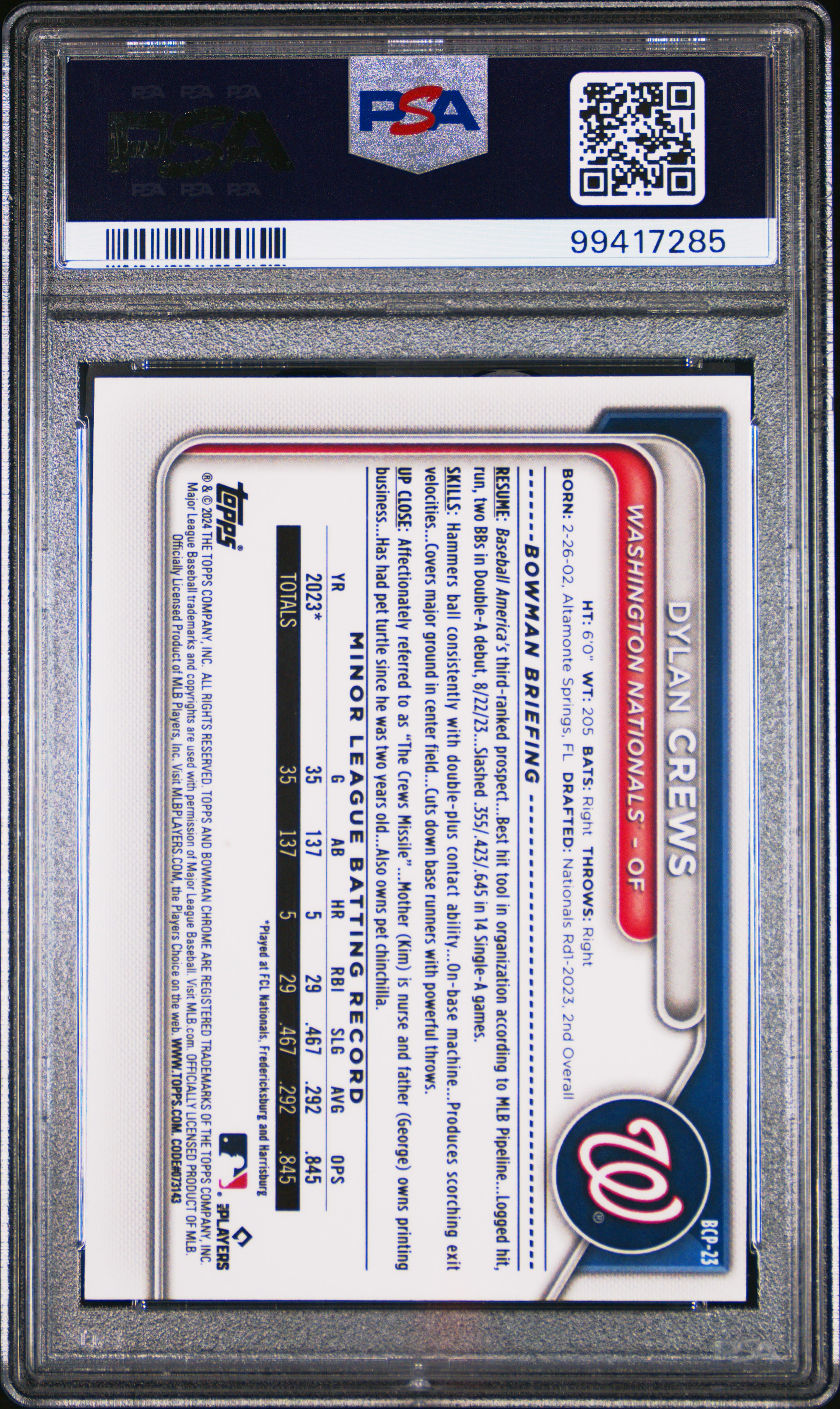 2024 Bowman Chrome Prospects Dylan Crews #Bcp23 (Chr Prspcts-Lunar Glow Ref) Mint 9 back