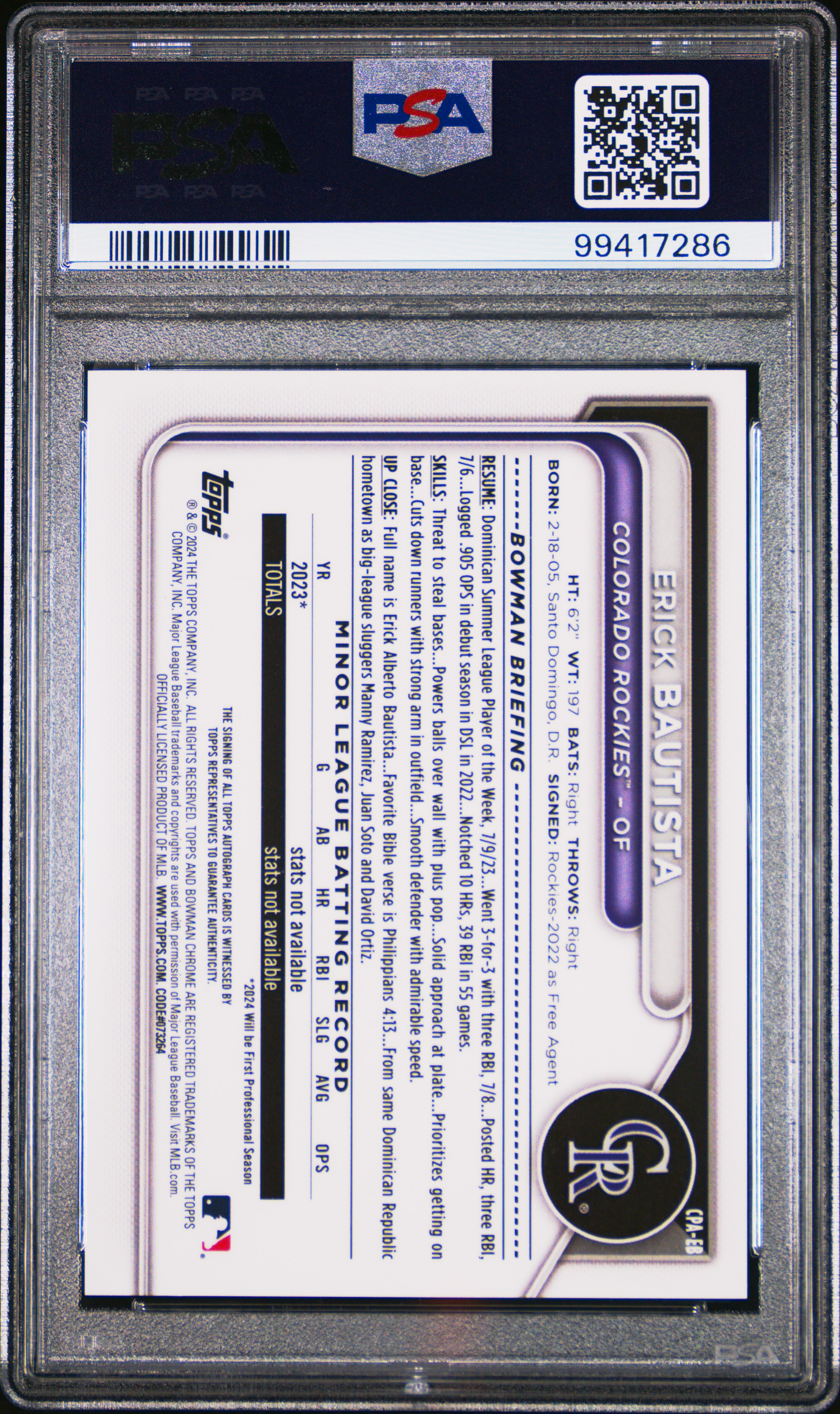 2024 Bowman Chrome Prospect Autographs Erick Bautista #Cpaeb Gem Mt 10 back