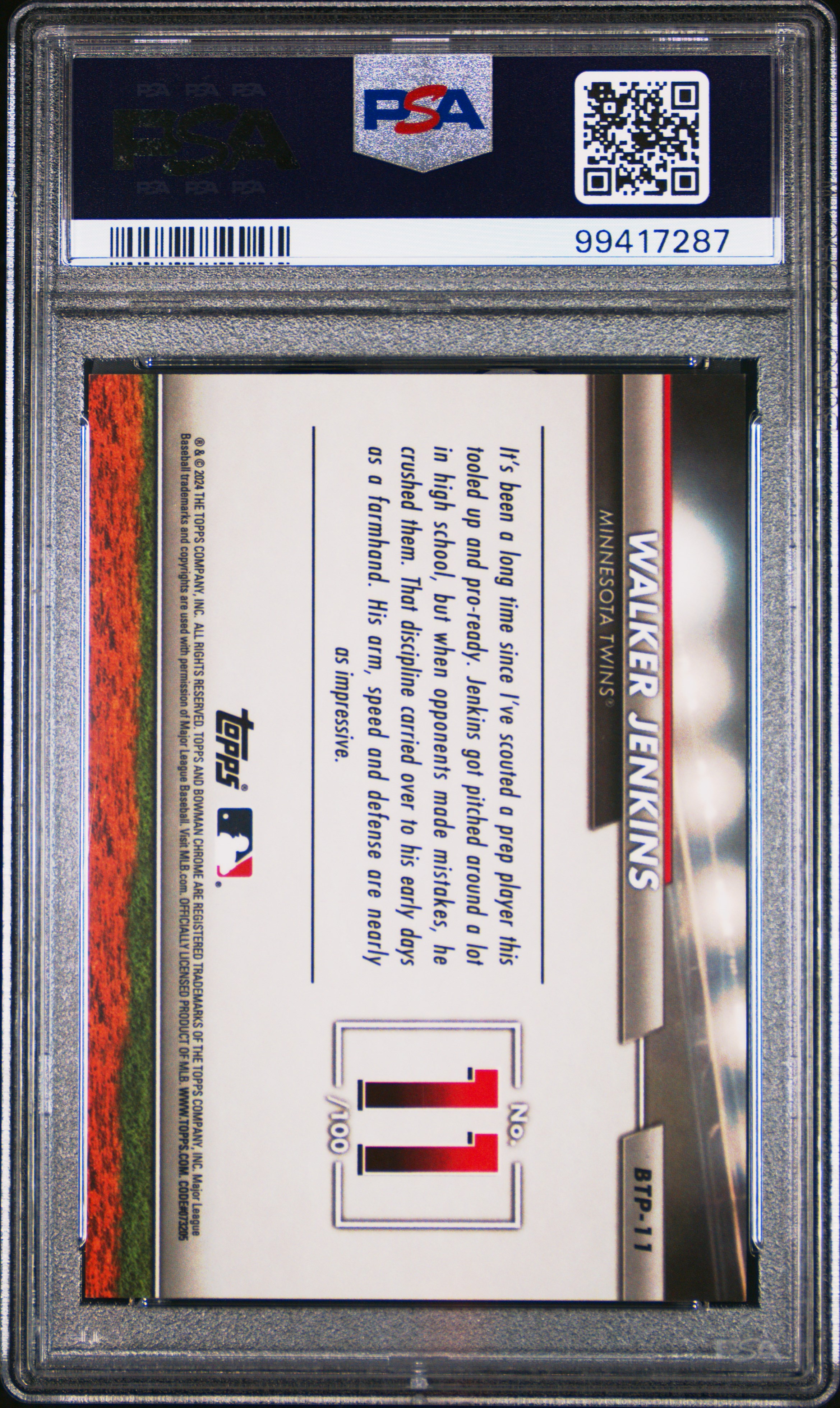 2024 Bowman Bowman Scouts' Top 100 Walker Jenkins #Btp11 (Scouts' Top 100-Mini Dia Ref) Gem Mt 10 back