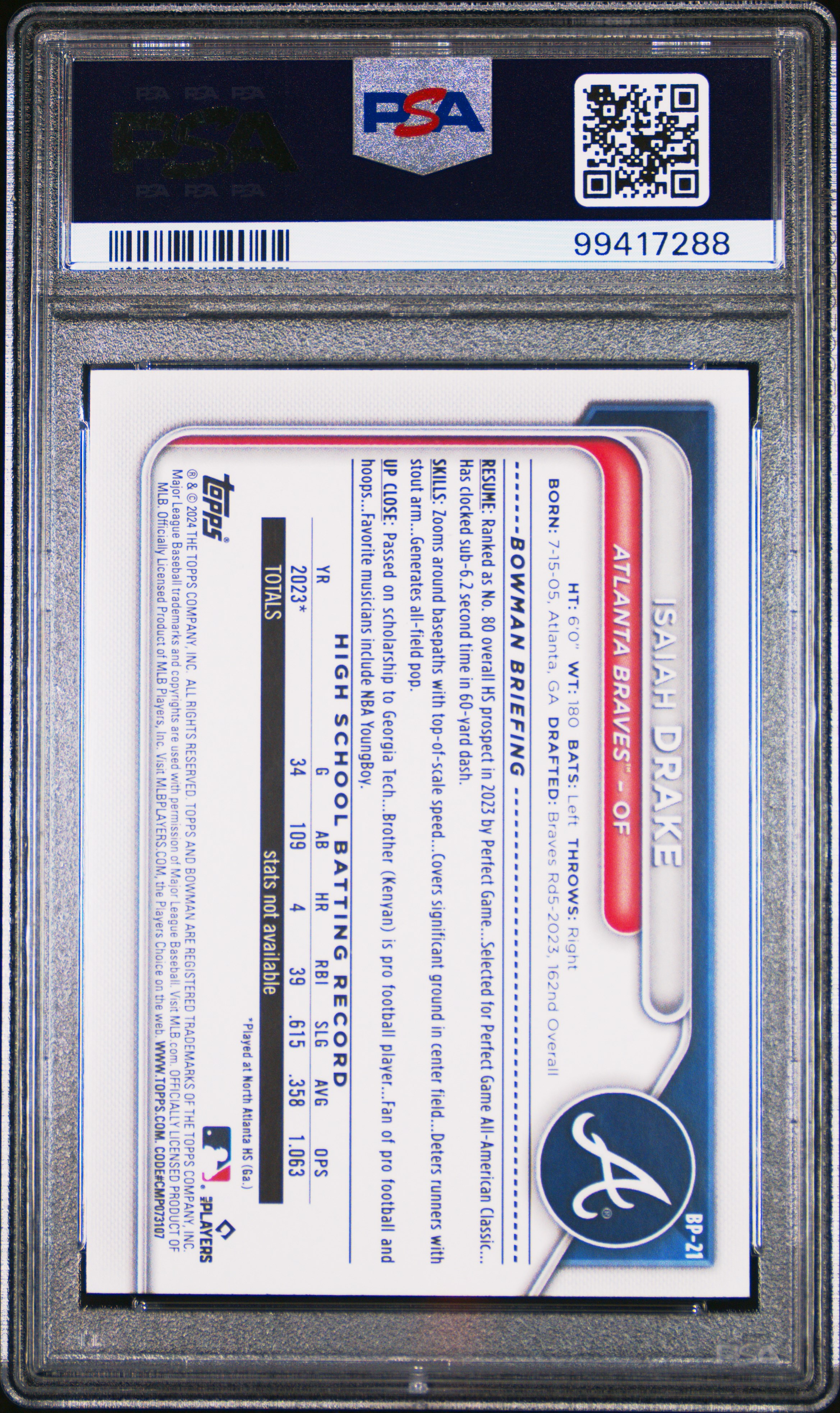 2024 Bowman Paper Prospects Isaiah Drake #Bp21 (Paper Prspcts-Grn Pattern) Gem Mt 10 back