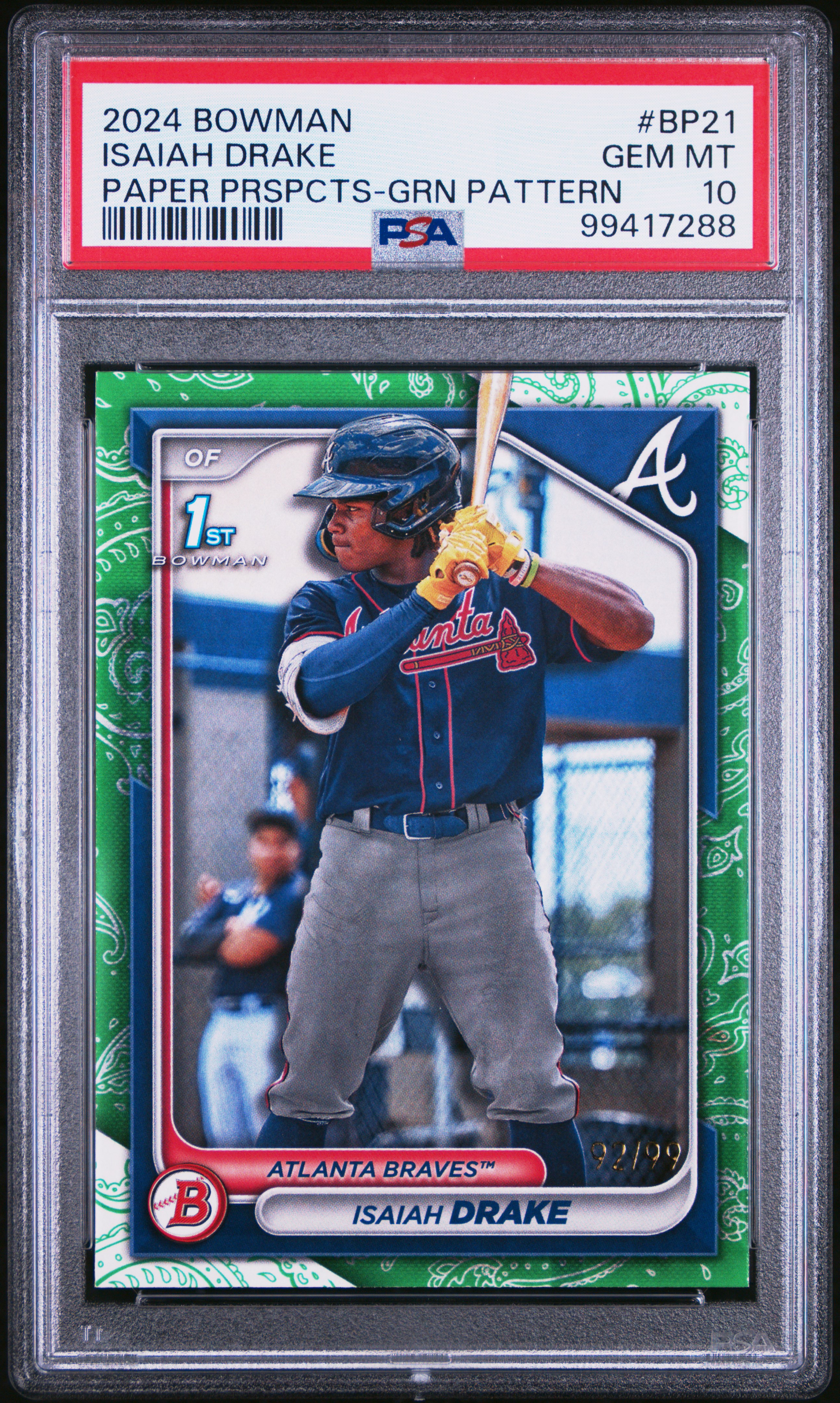 2024 Bowman Paper Prospects Isaiah Drake #Bp21 (Paper Prspcts-Grn Pattern) Gem Mt 10 front