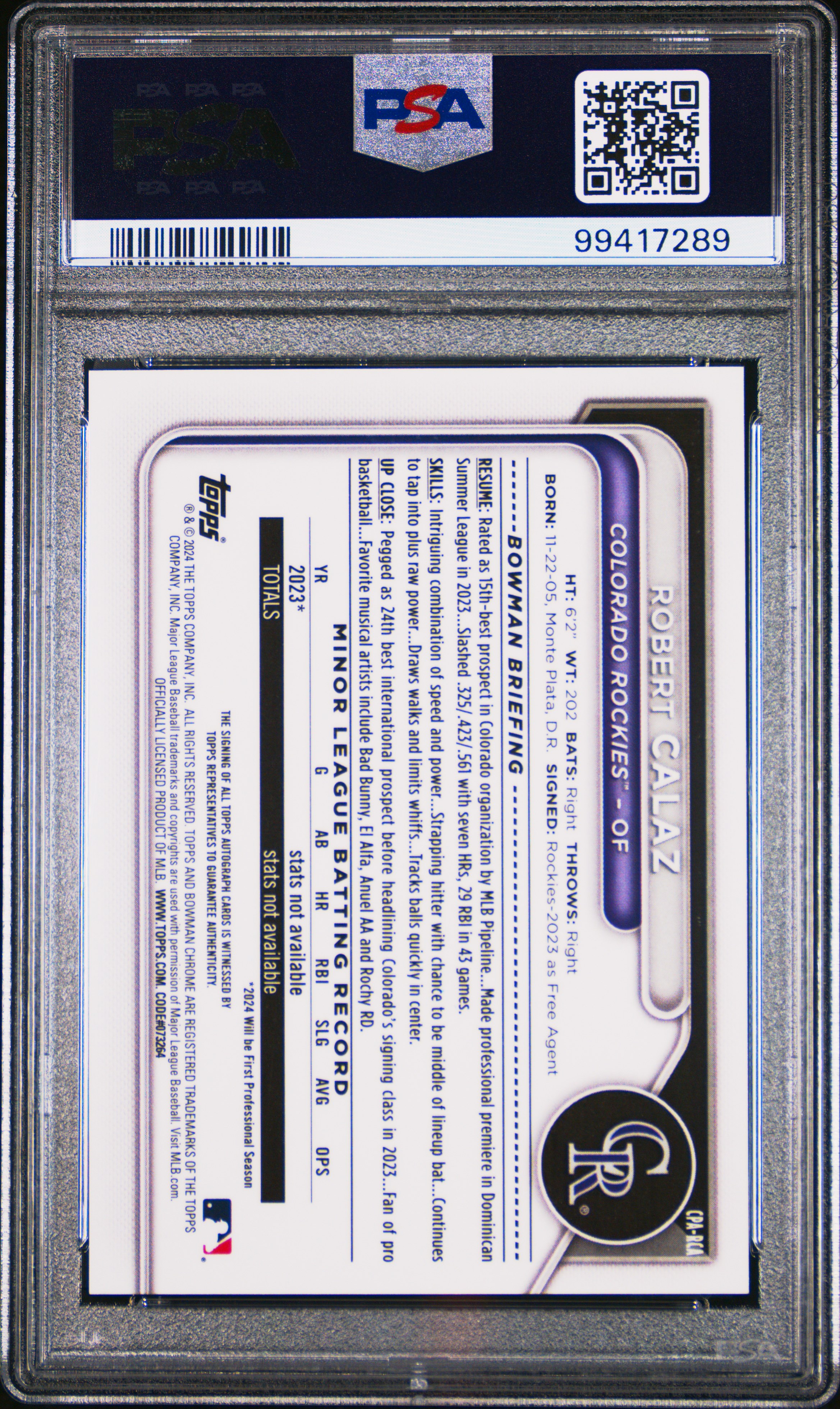 2024 Bowman Chrome Prospect Autographs Robert Calaz #Cparca Mint 9 back