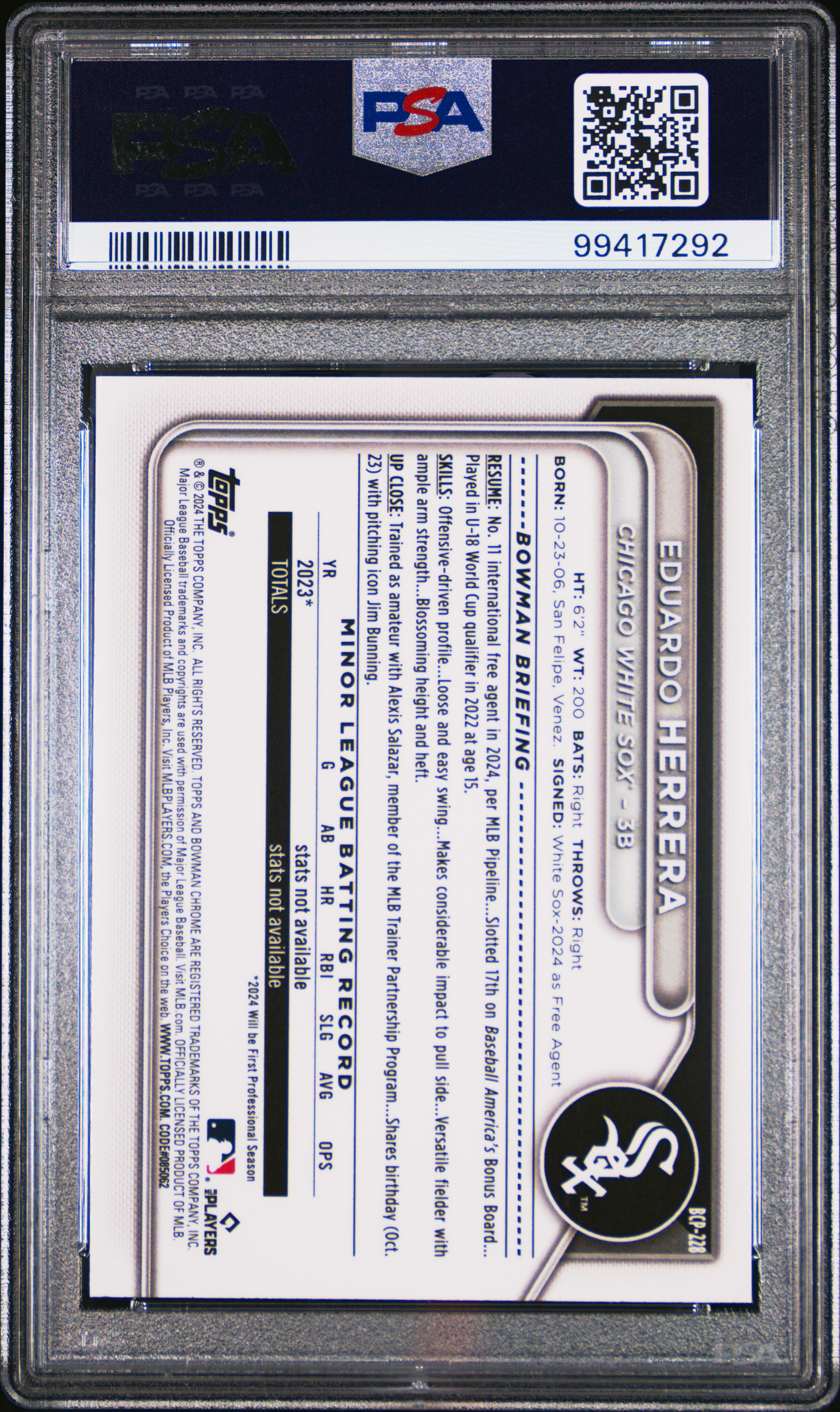 2024 Bowman Chrome Prospects Eduardo Herrera #Bcp228 (Prospects-Purple Ref) Gem Mt 10 back