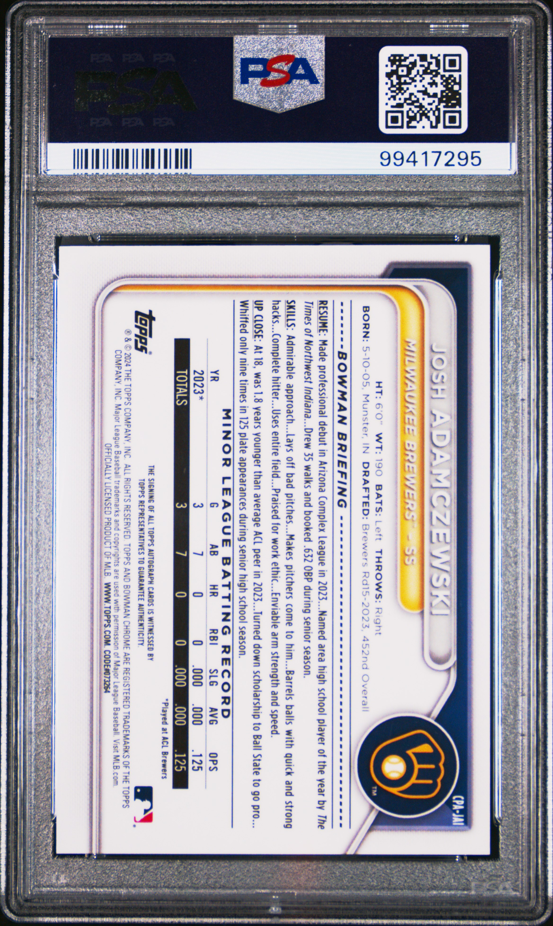 2024 Bowman Chrome Prospect Autographs Josh Adamczewski #Cpajai (Prospect Autograph) Gem Mt 10 back