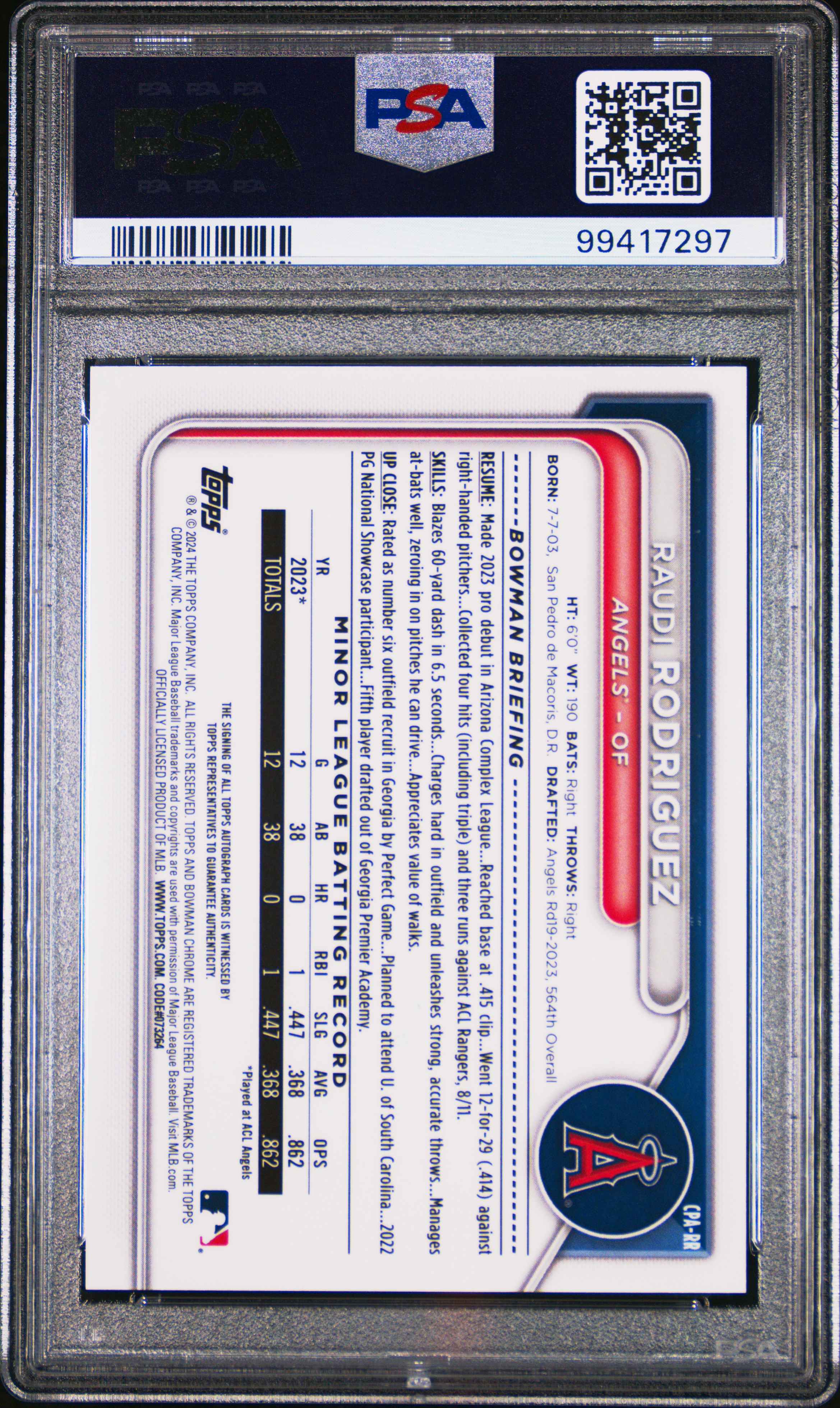 2024 Bowman Chrome Prospect Autographs Raudi Rodriguez #Cparr (Prospect Autograph) Mint 9 back