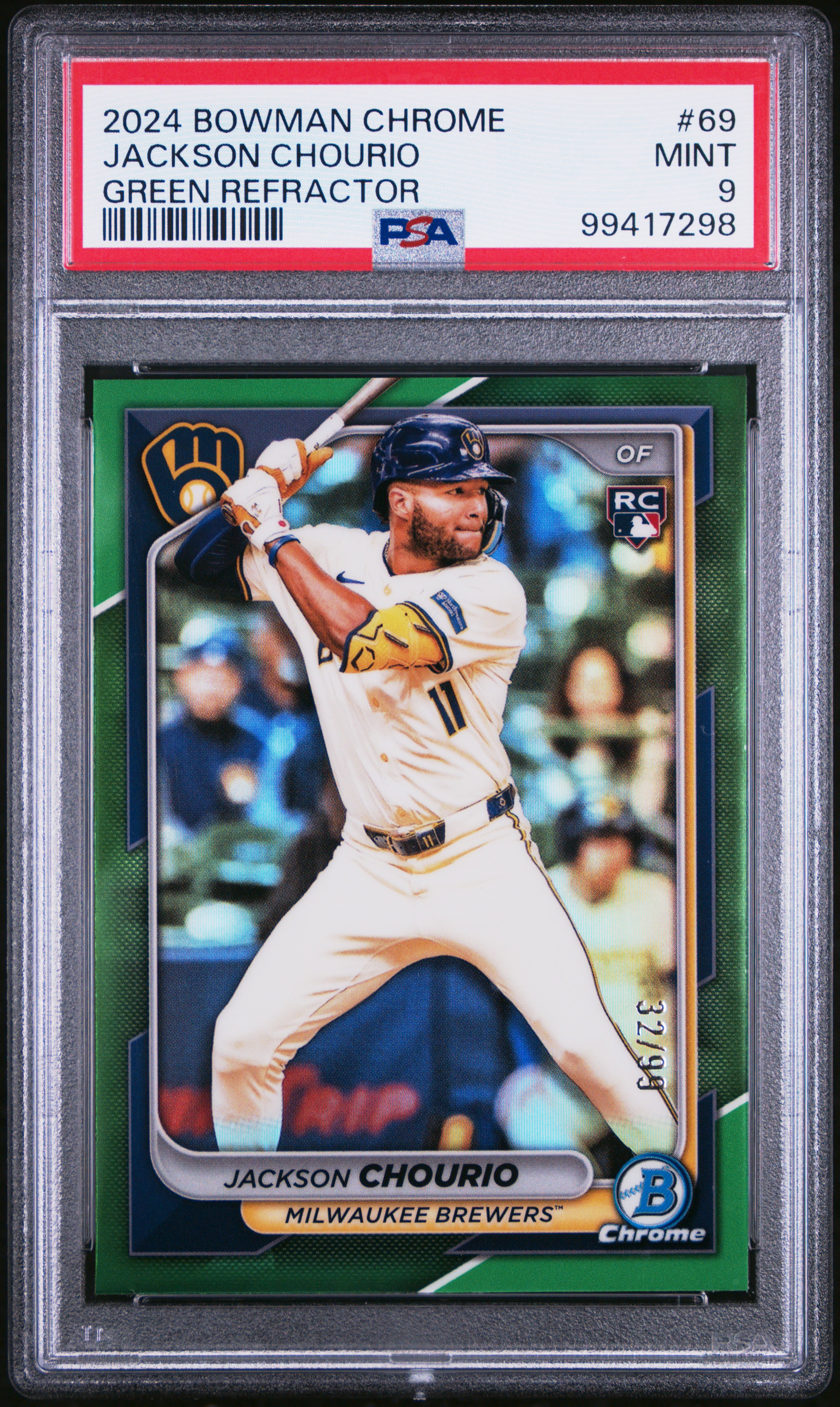 2024 Bowman Chrome Jackson Chourio #69 (Green Refractor) Mint 9 front