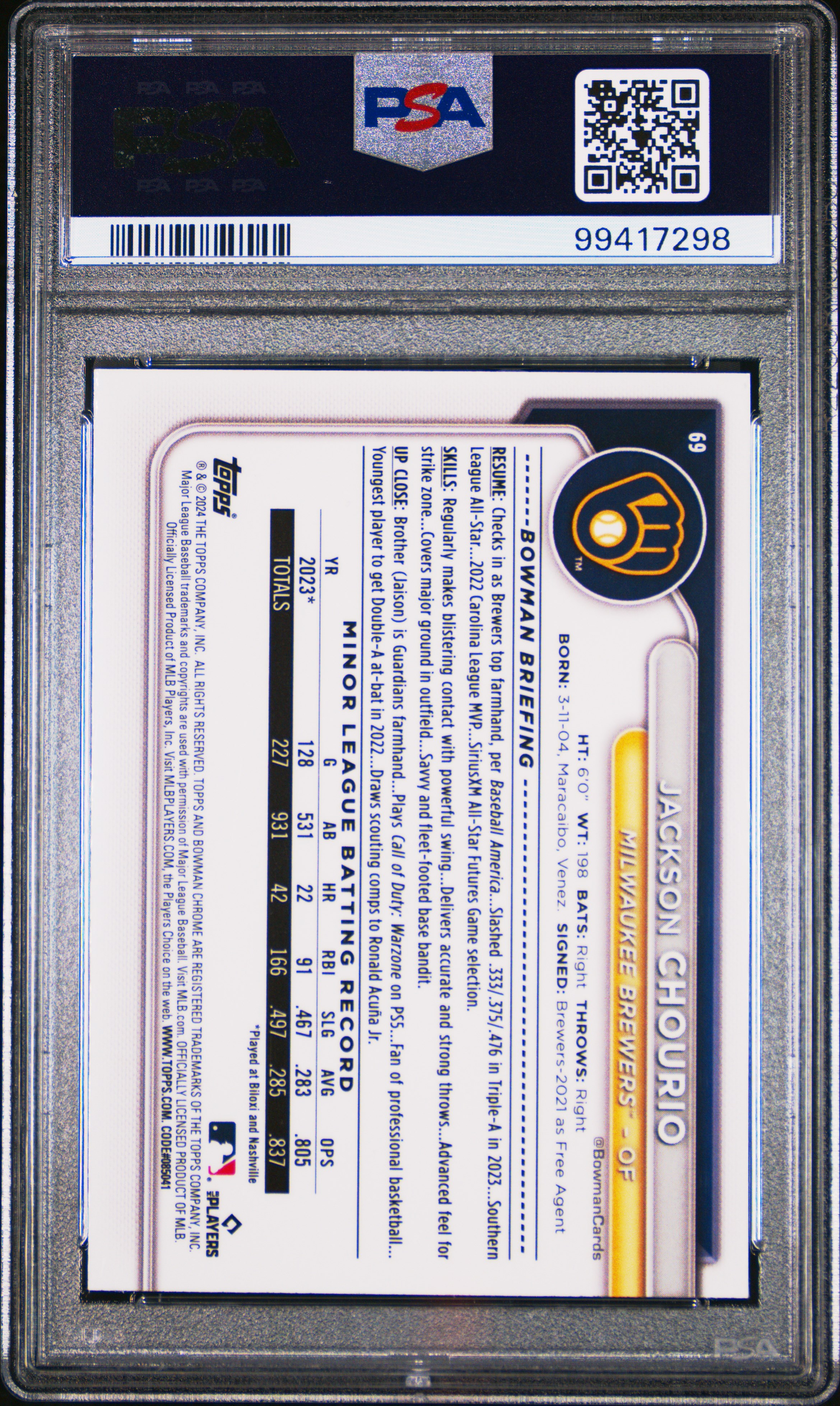 2024 Bowman Chrome Jackson Chourio #69 (Green Refractor) Mint 9 back