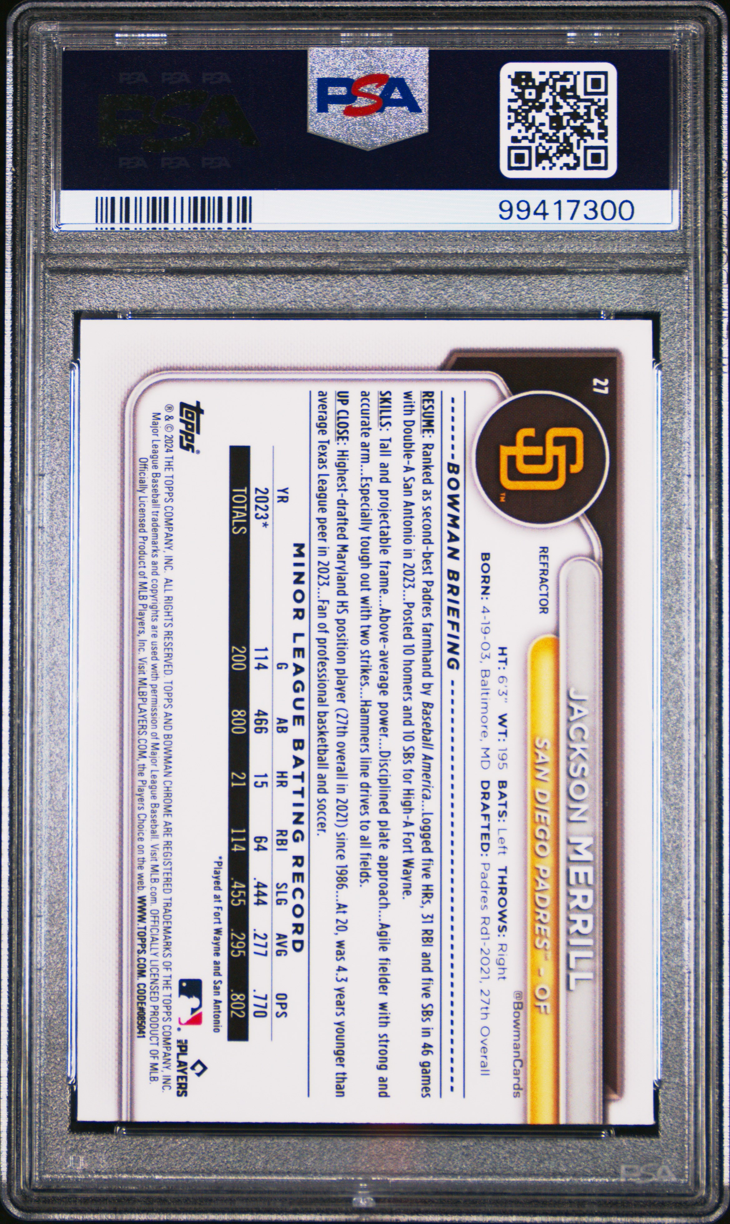 2024 Bowman Chrome Jackson Merrill #27 (Refractor) Mint 9 back