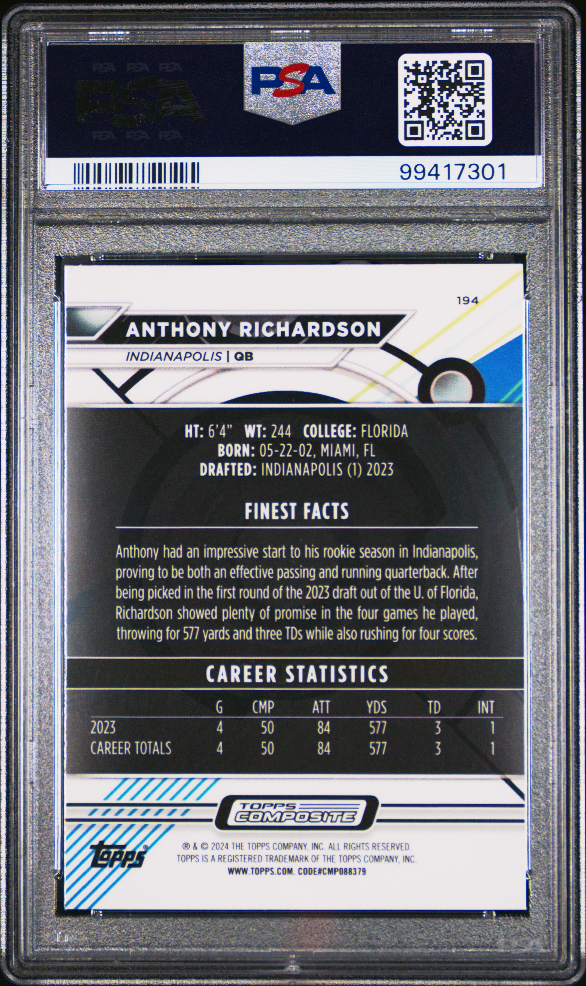 2023 Topps Composite Anthony Richardson #194 Gem Mt 10 back