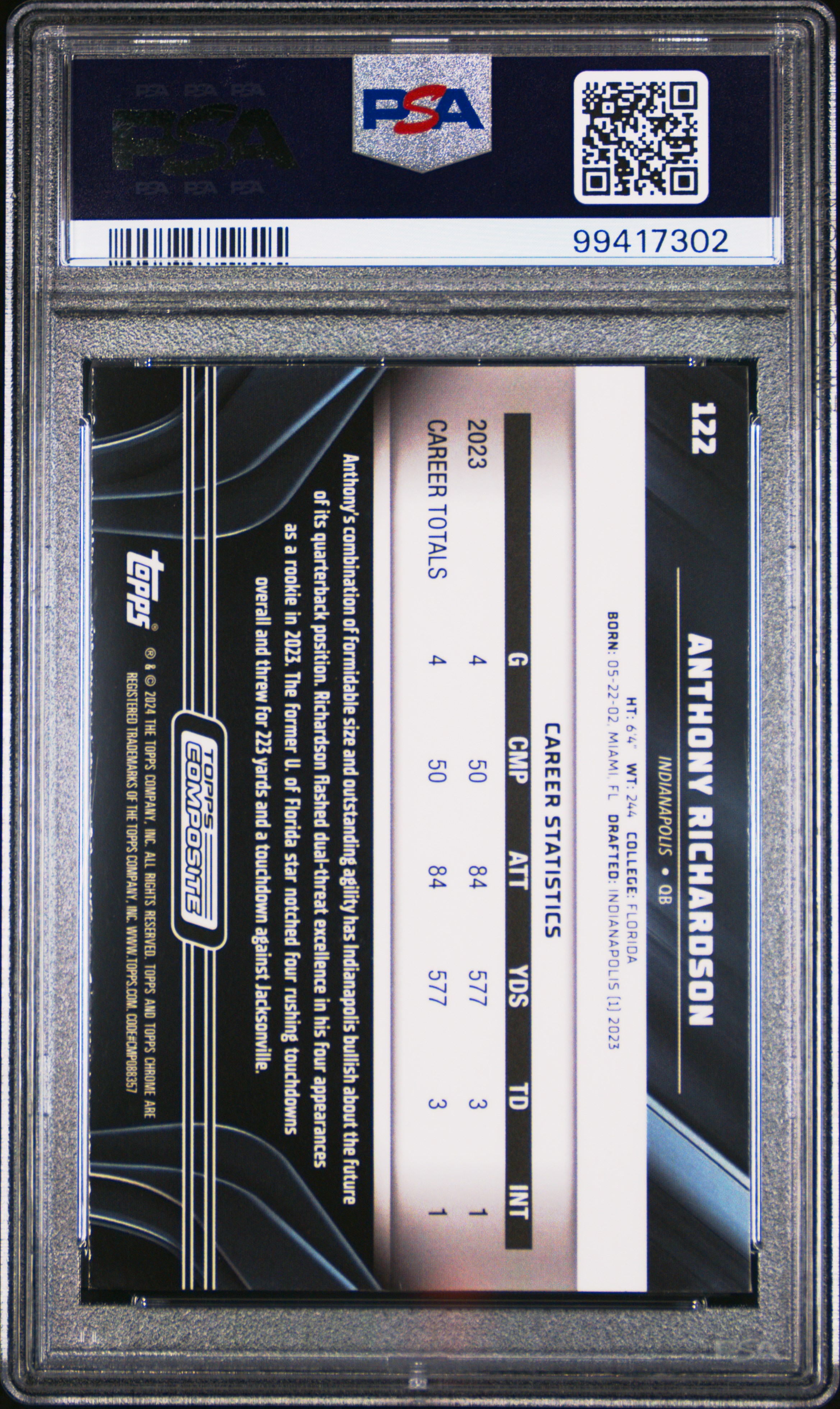 2023 Topps Composite Anthony Richardson #122 Mint 9 back