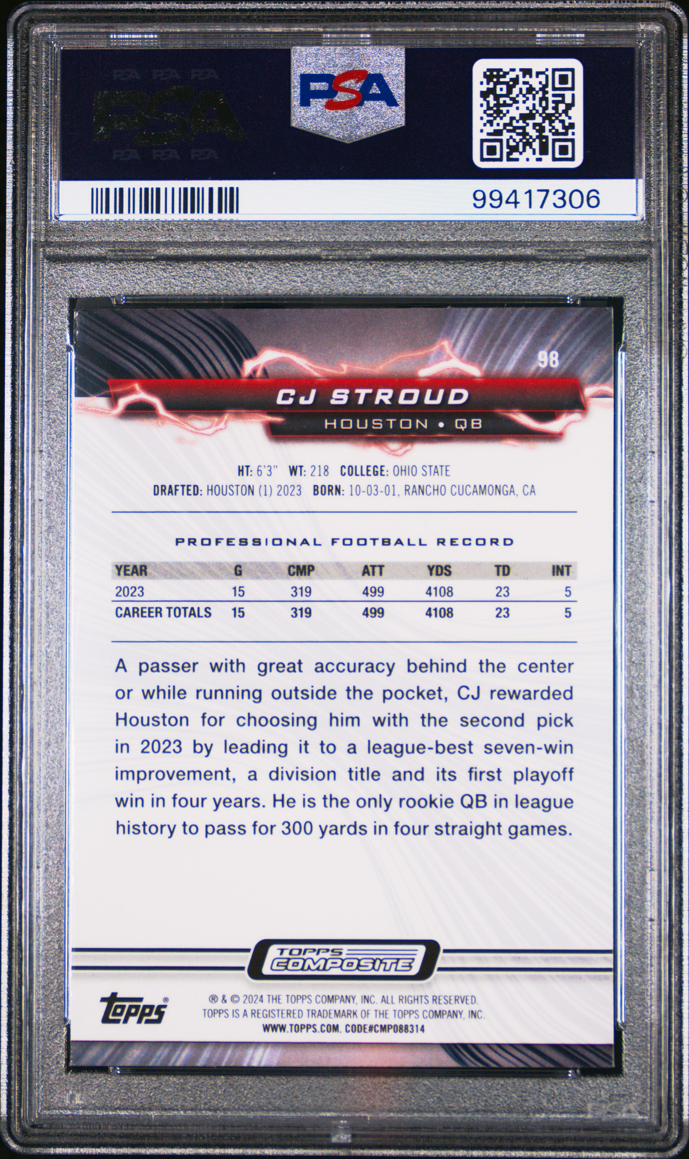 2023 Topps Composite Cj Stroud #98 Gem Mt 10 back