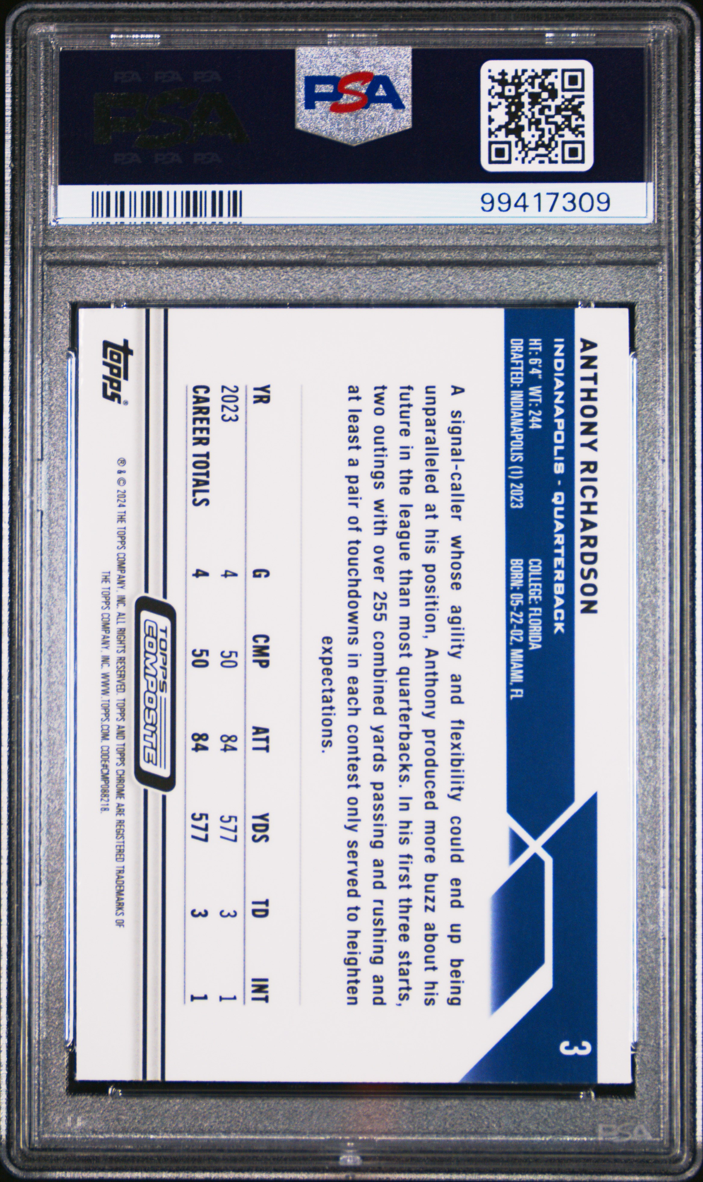 2023 Topps Composite Anthony Richardson #3 (Prism Refractor) Mint 9 back