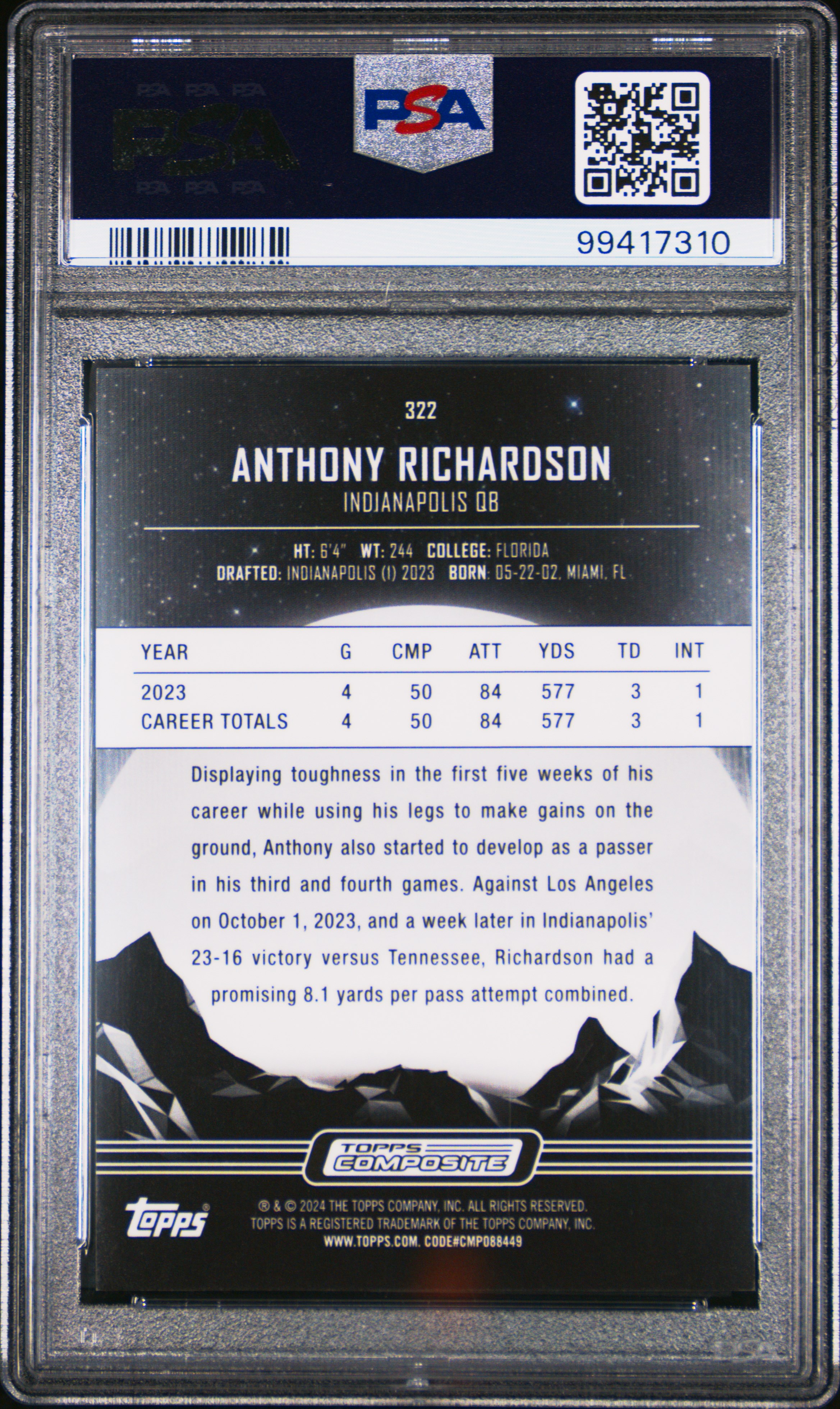 2023 Topps Composite Anthony Richardson #322 Gem Mt 10 back
