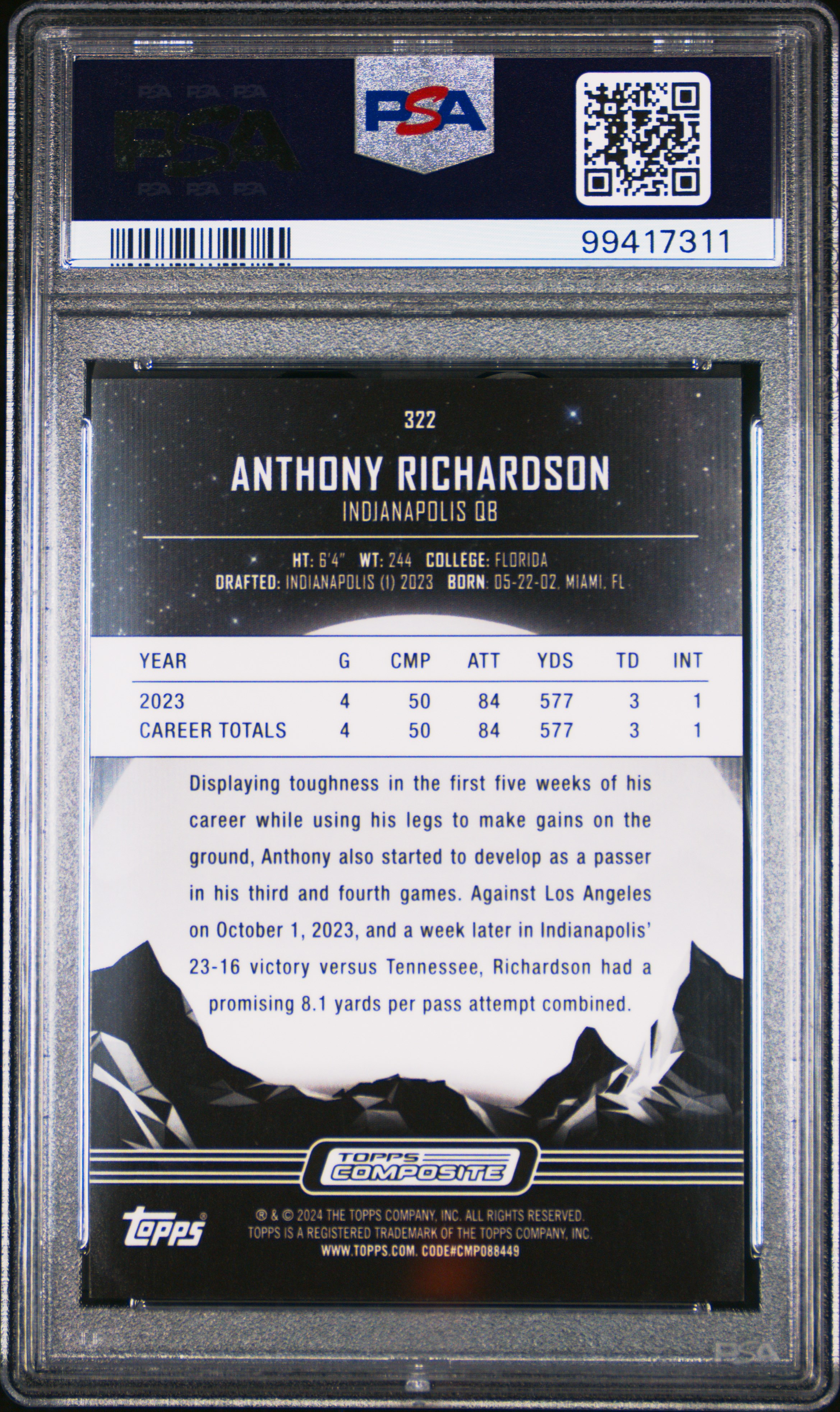 2023 Topps Composite Anthony Richardson #322 Gem Mt 10 back