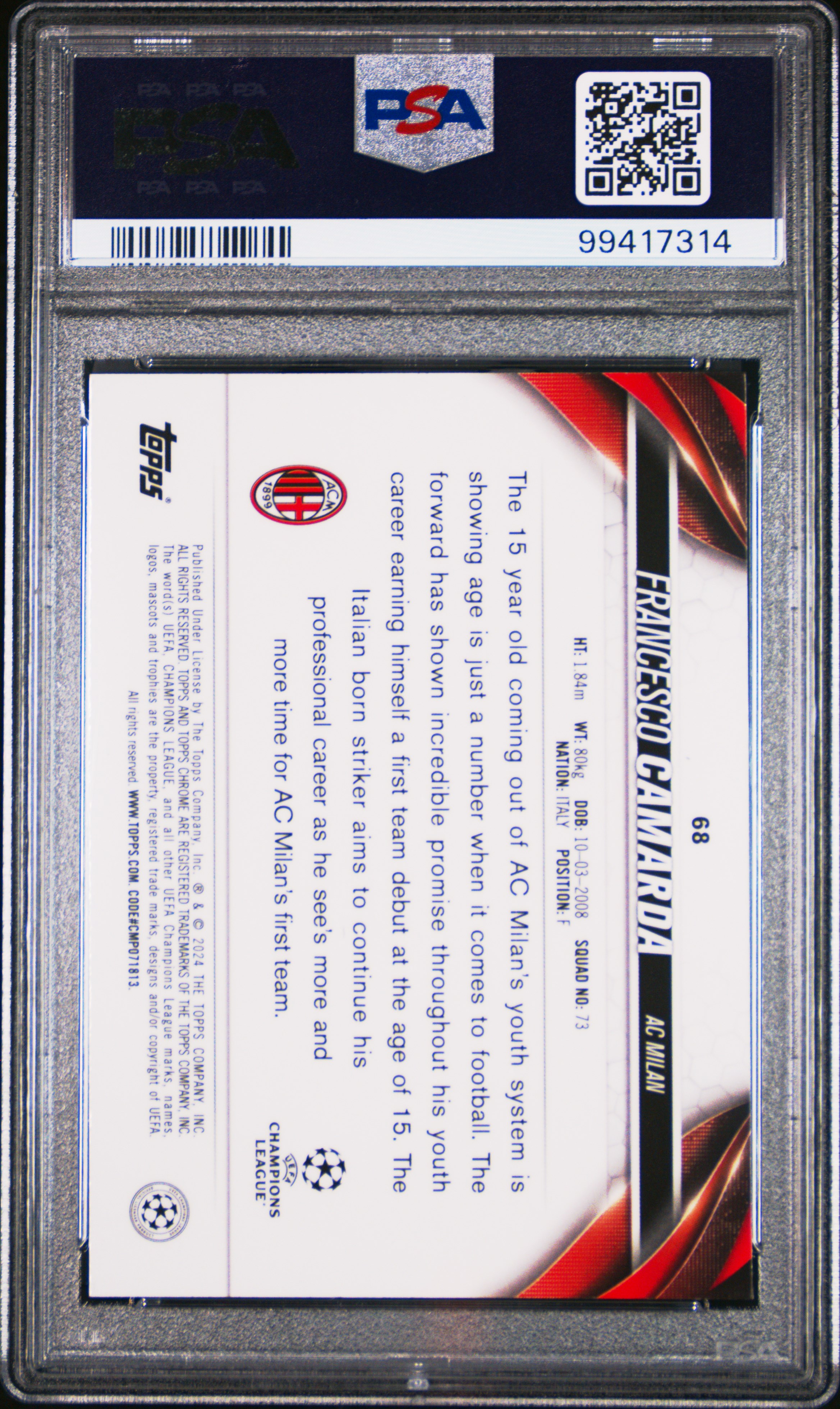 2023-24 Topps Chrome Sapphire Edition Uefa Club Competitions Francesco Camarda #68 Gem Mt 10 back