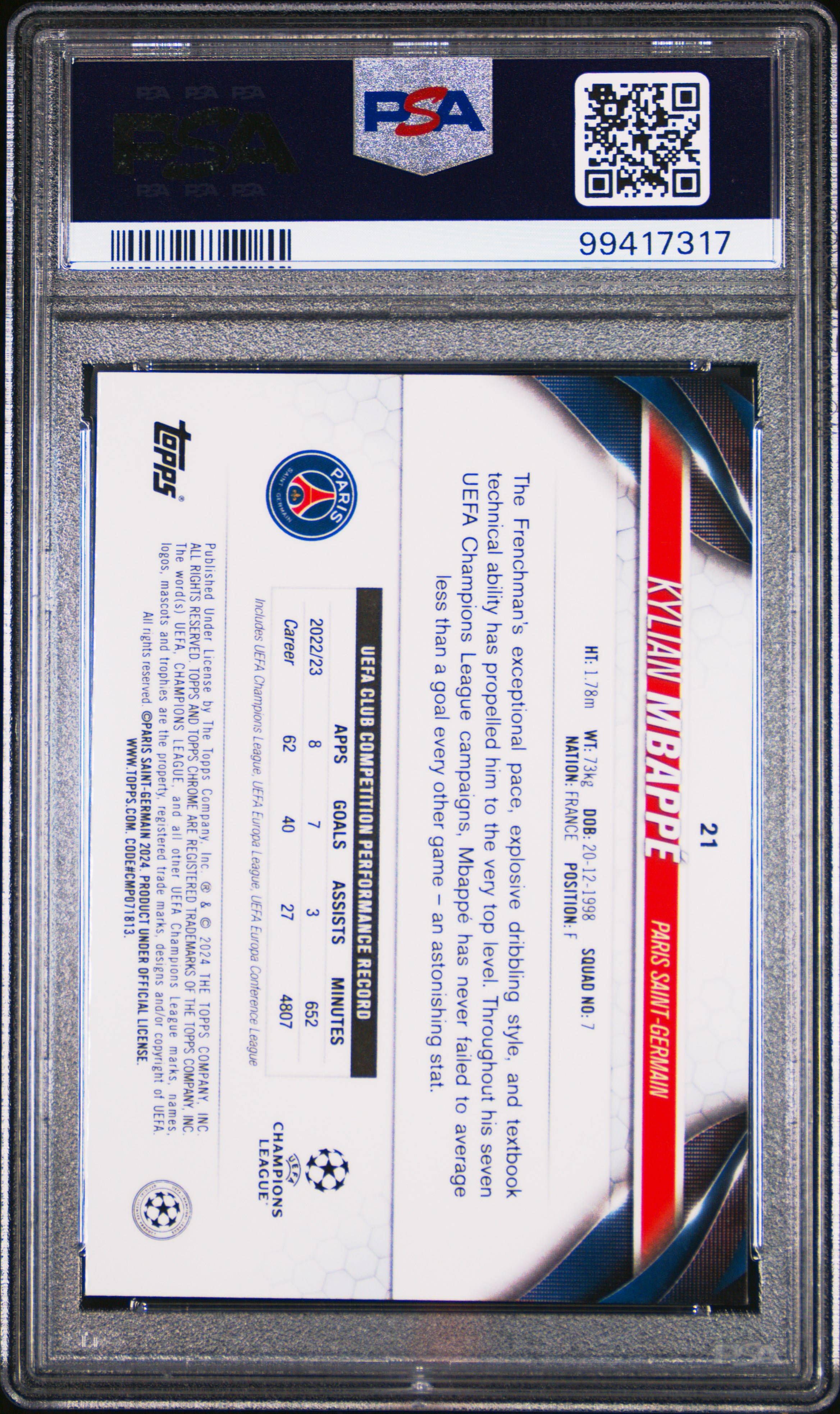 2023-24 Topps Chrome Sapphire Edition Uefa Club Competitions Kylian Mbappe #21 Nm-Mt 8 back