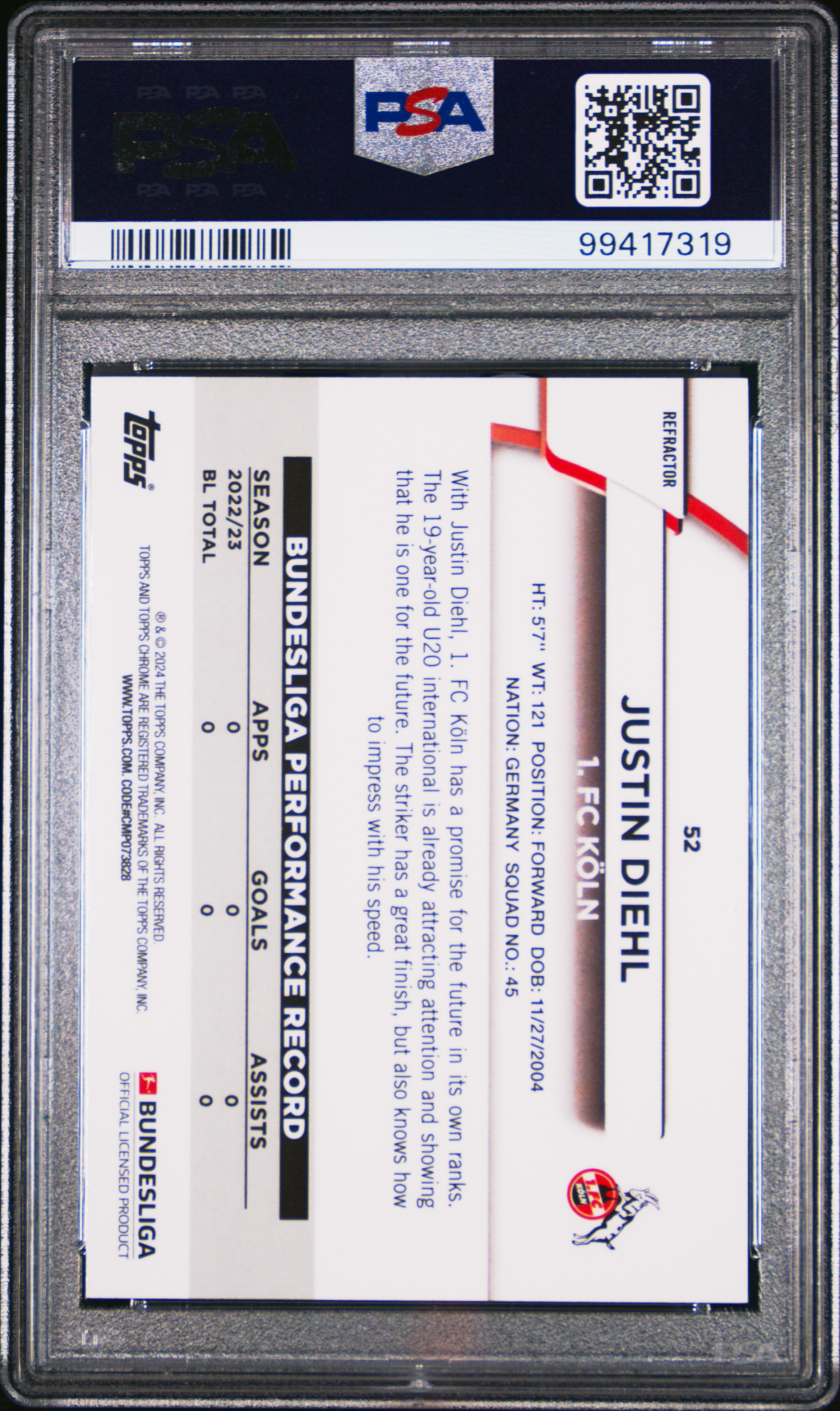 2023-24 Topps Chrome Bundesliga Justin Diehl #52 (Gold Bundslga 60 Year Foil) Gem Mt 10 back