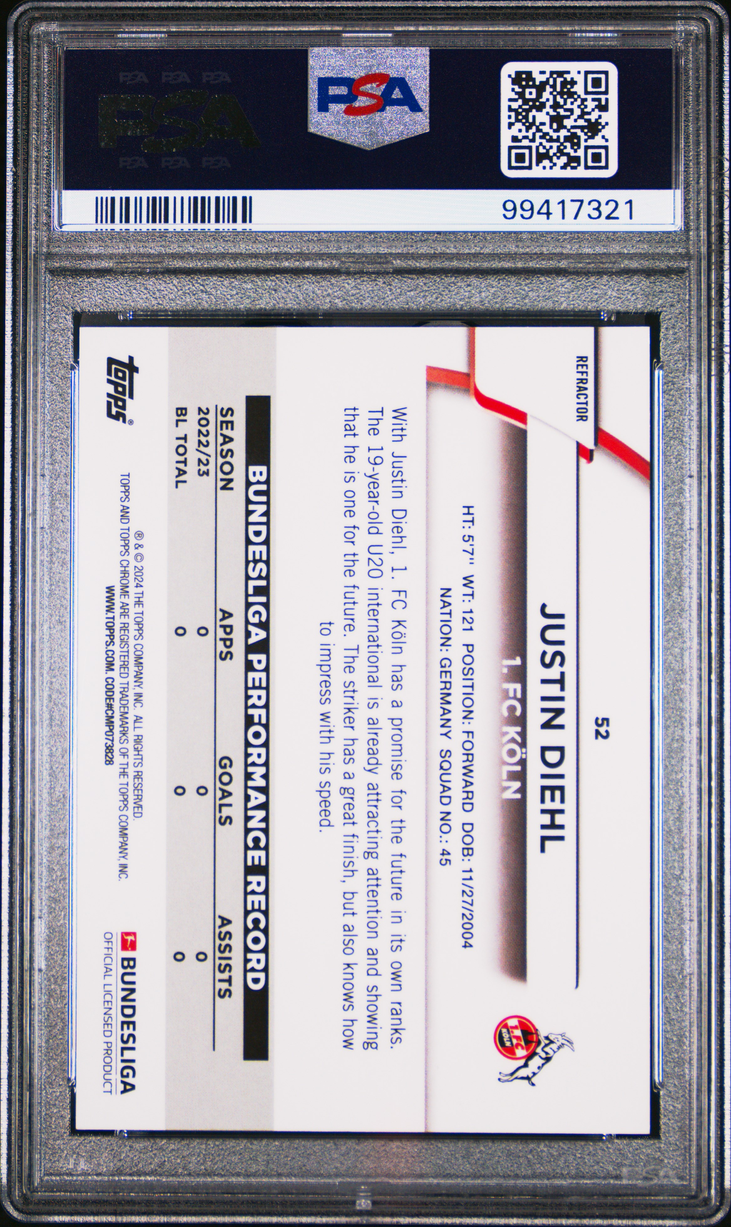 2023-24 Topps Chrome Bundesliga Justin Diehl #52 (Pink Wave) Gem Mt 10 back