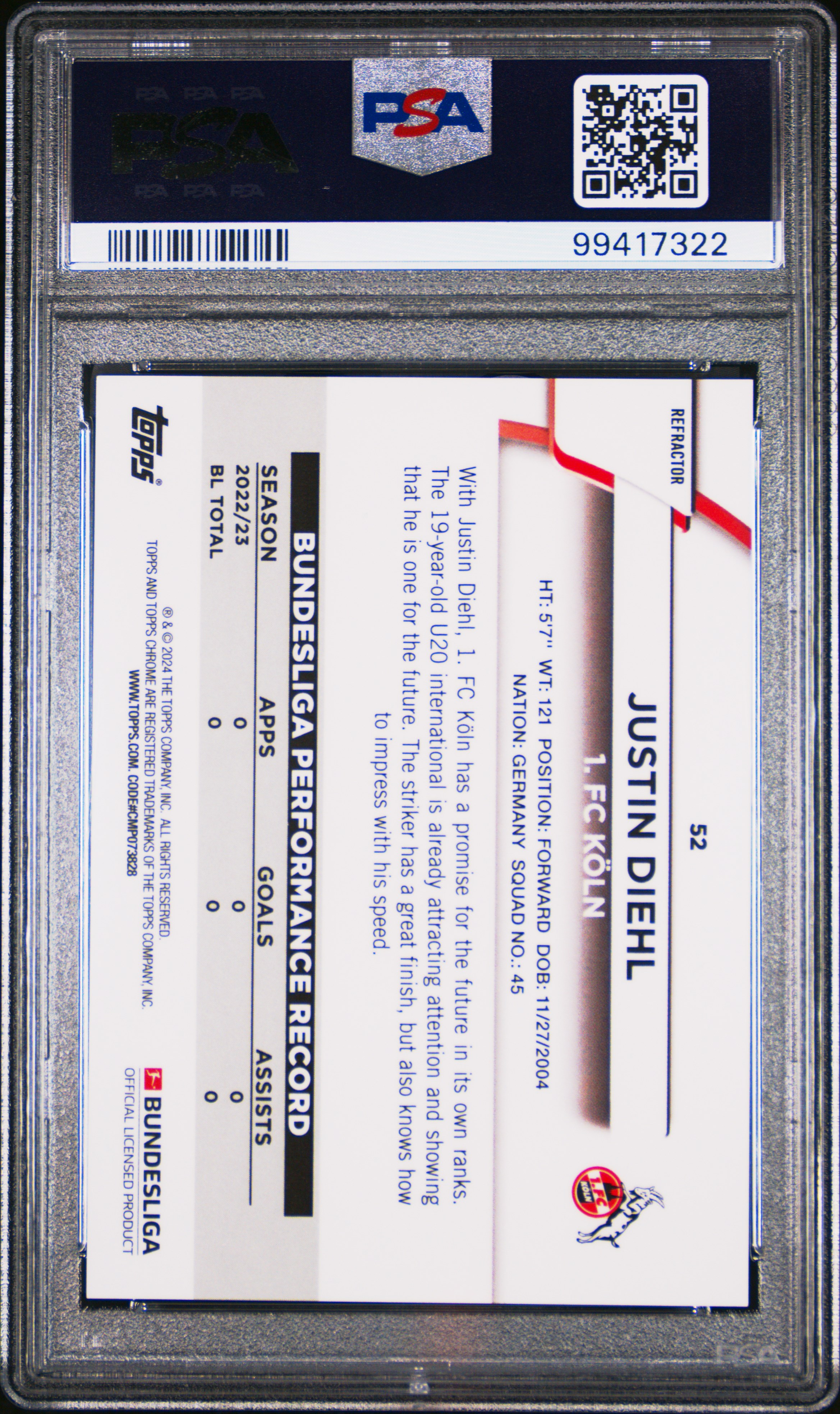 2023-24 Topps Chrome Bundesliga Justin Diehl #52 (Aqua Bubble Wave) Mint 9 back