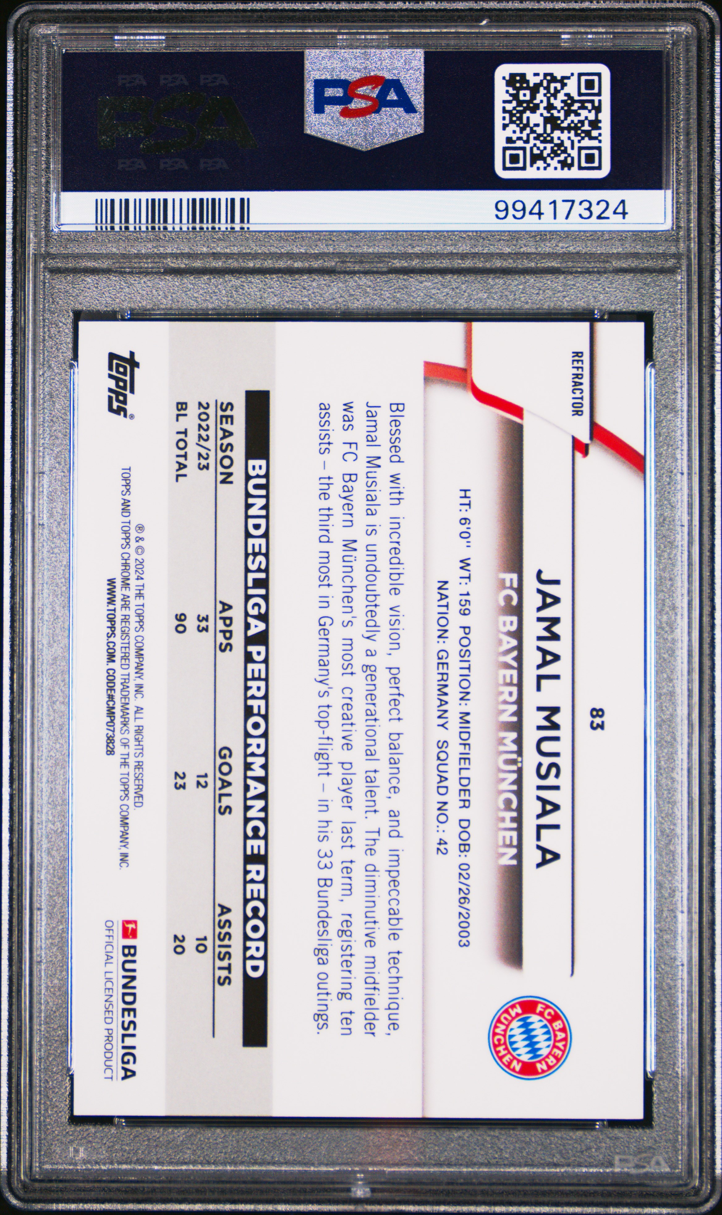 2023-24 Topps Chrome Bundesliga Jamal Musiala #83 (Purple Refractor) Gem Mt 10 back