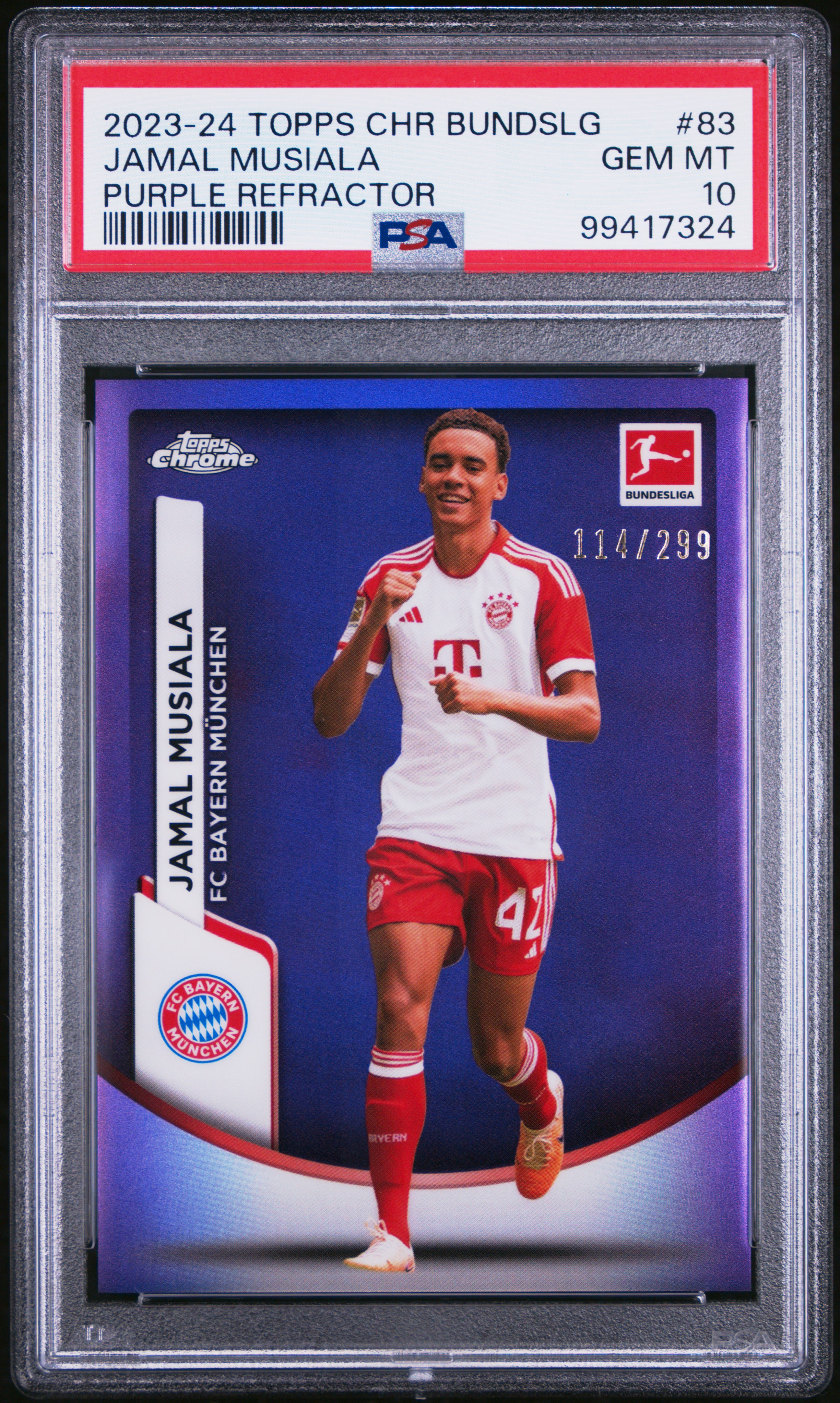 2023-24 Topps Chrome Bundesliga Jamal Musiala #83 (Purple Refractor) Gem Mt 10 front
