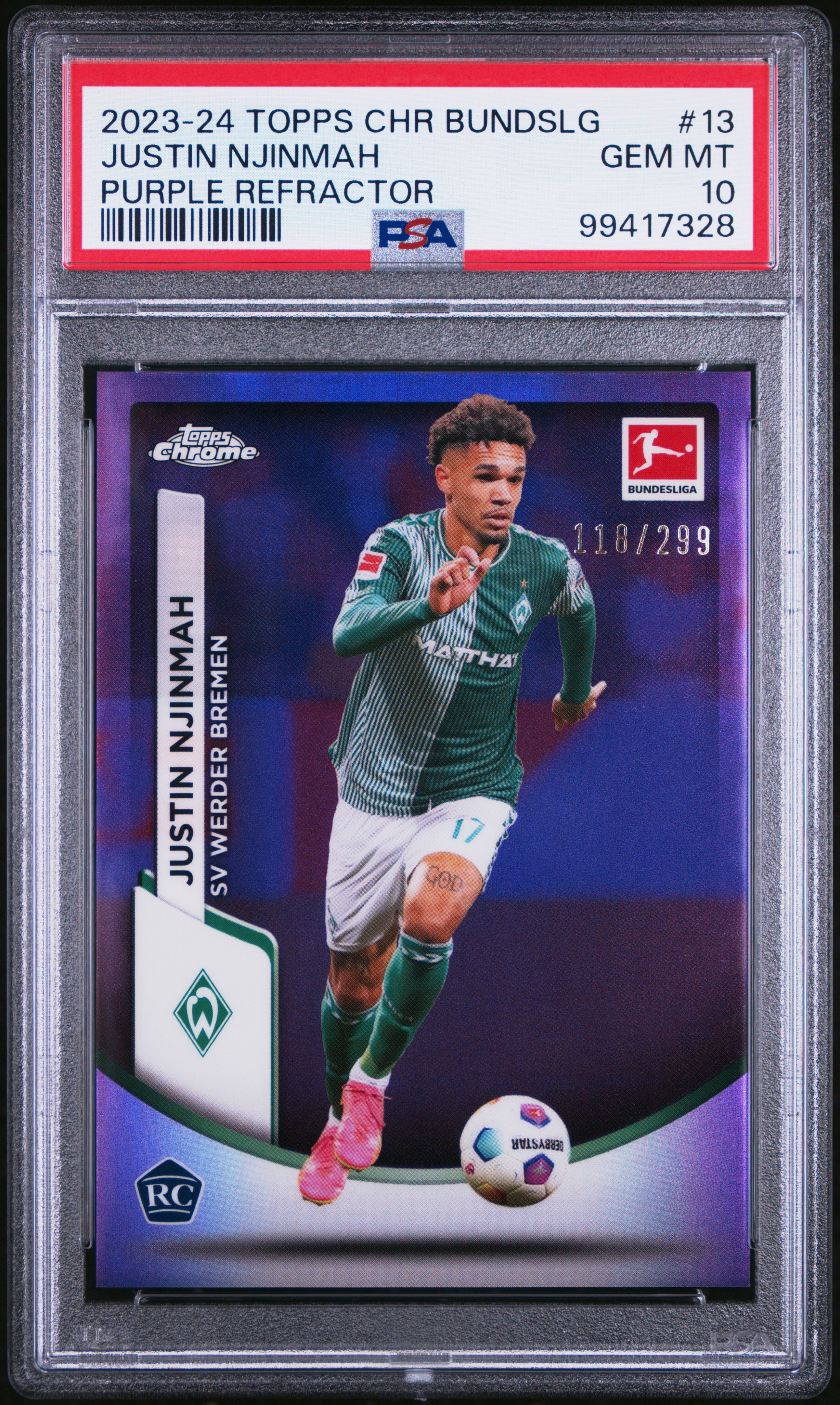 2023-24 Topps Chrome Bundesliga Justin Njinmah #13 (Purple Refractor) Gem Mt 10 front