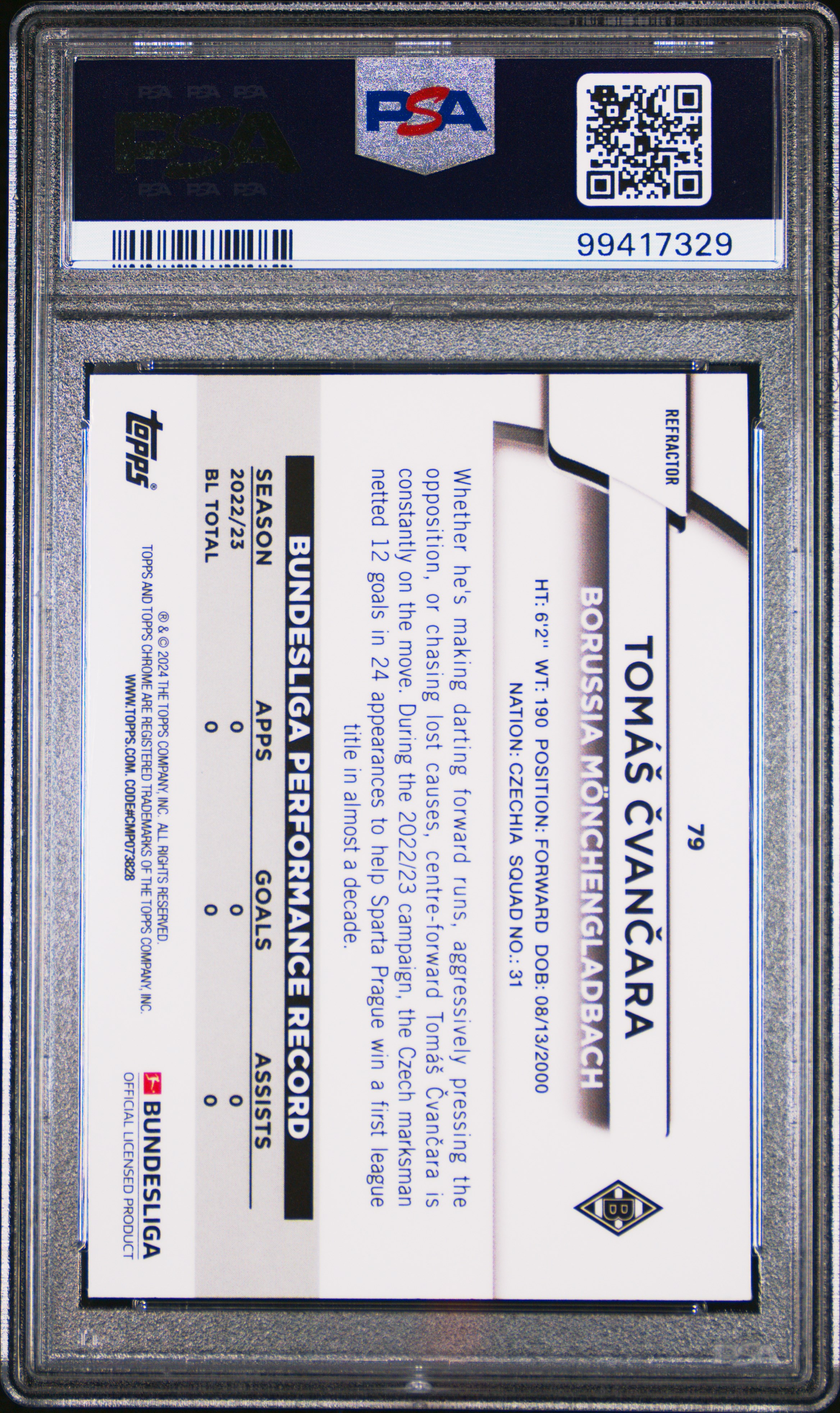 2023-24 Topps Chrome Bundesliga Tomas Cvancara #79 (Gold Bundslga 60 Year Foil) Gem Mt 10 back