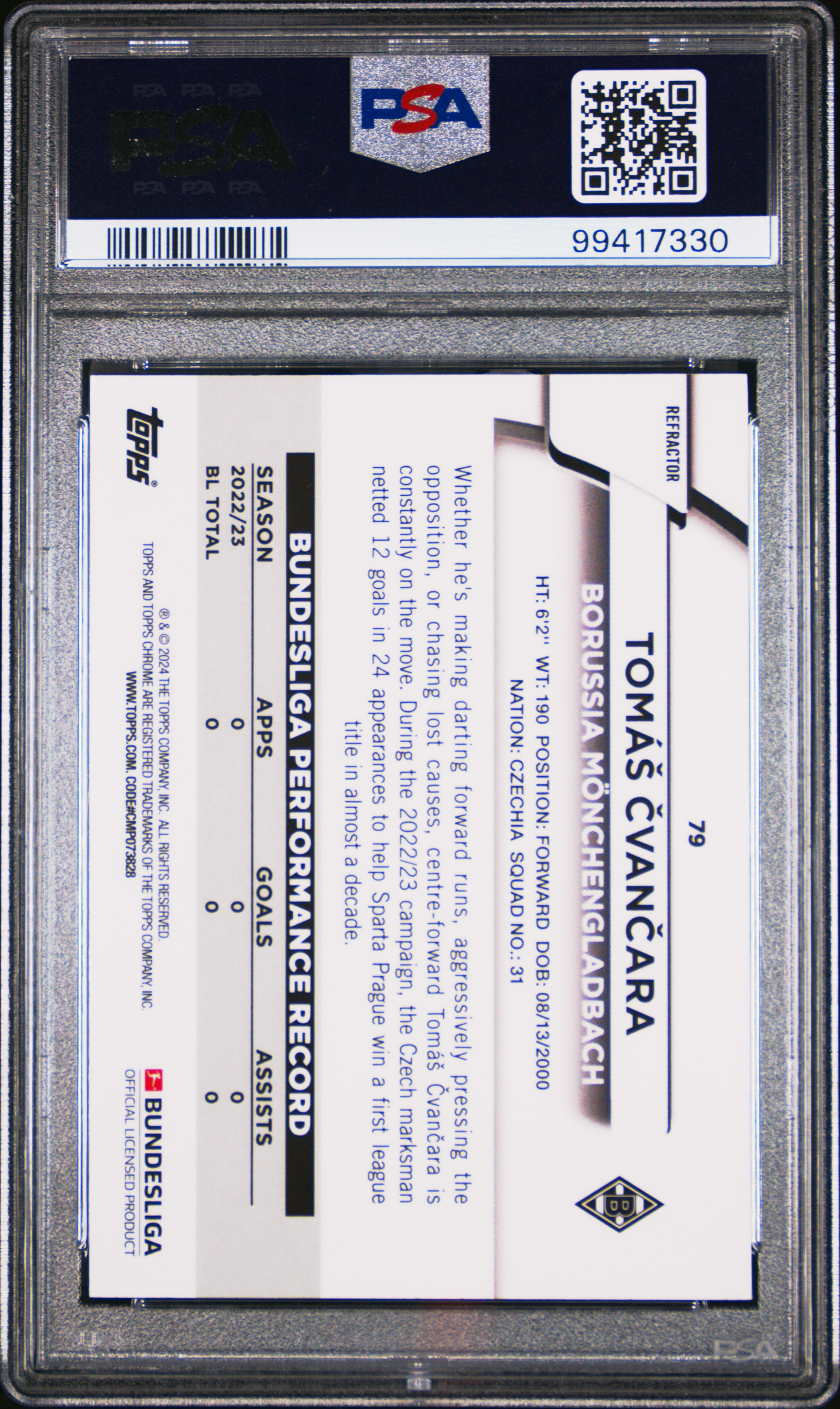 2023-24 Topps Chrome Bundesliga Tomas Cvancara #79 (Gold Bundslga 60 Year Foil) Gem Mt 10 back